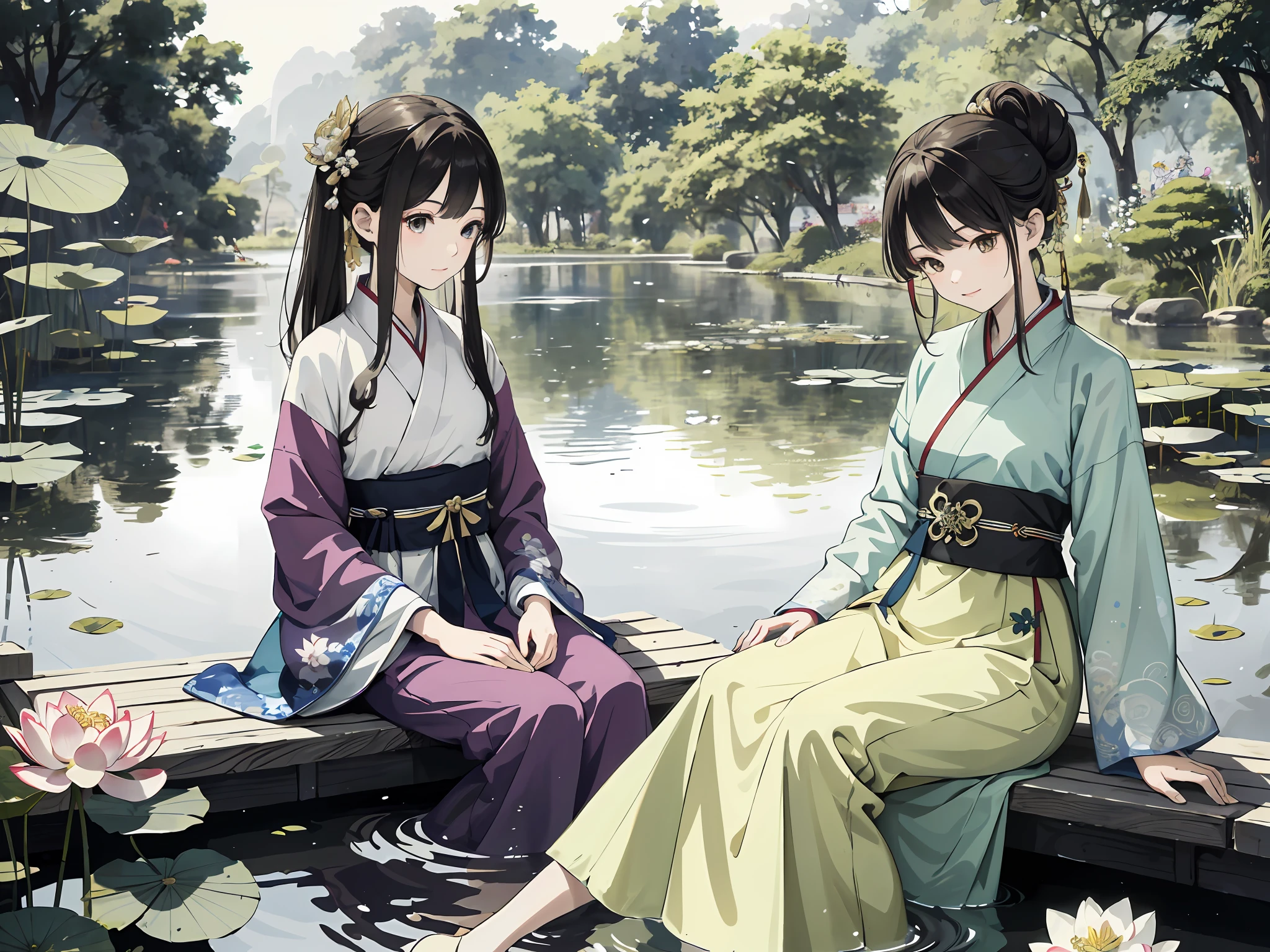 absurdres, highres, ultra detailed, hand drawn, simple line, a 18yo girl and a 12yo girl in colorful Hanfu, beautiful girls, at the lotus pond, masterpiece, sitting in water, floating clothes, floating hair