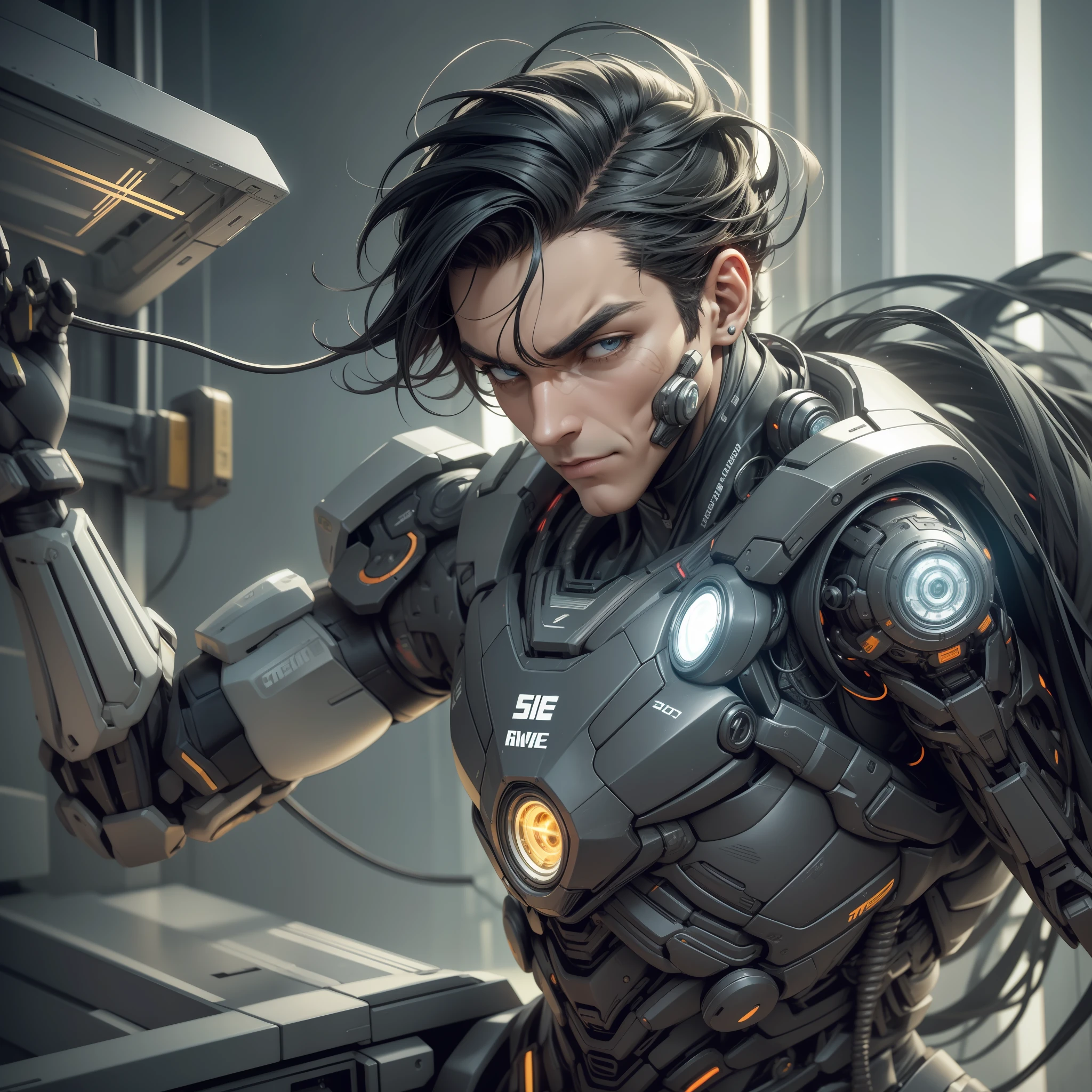 homem, sexo masculino, corpo inteiro, Large and super detailed cybernetic right arm, electricity runs through the detailed right arm, altamente detalhado, ambiente cyberpunk, studio lighting, escuro, Gothic, cabelo azuis, technological tattoo on the right side of the face, olhos brilhantes e luminosos, cinematic, ultra realista, Small floating robots make up the scene --auto --s2
