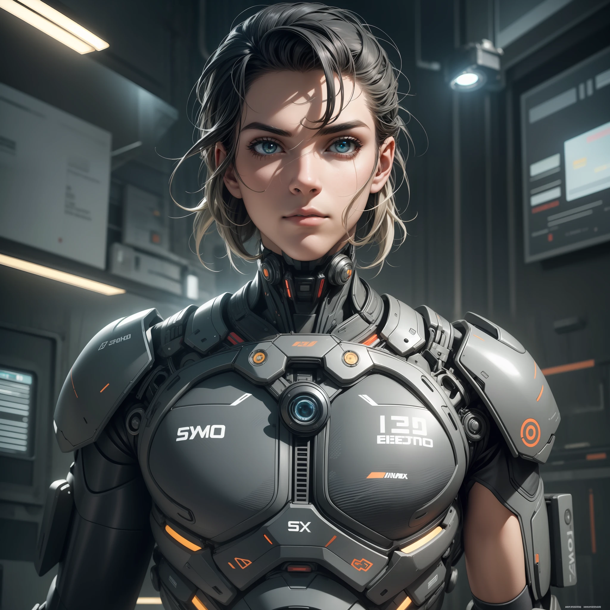 homem, sexo masculino, corpo inteiro, Large and super detailed cybernetic right arm, electricity runs through the detailed right arm, altamente detalhado, ambiente cyberpunk, studio lighting, escuro, Gothic, cabelo azuis, technological tattoo on the right side of the face, olhos brilhantes e luminosos, cinematic, ultra realista, Small floating robots make up the scene --auto --s2