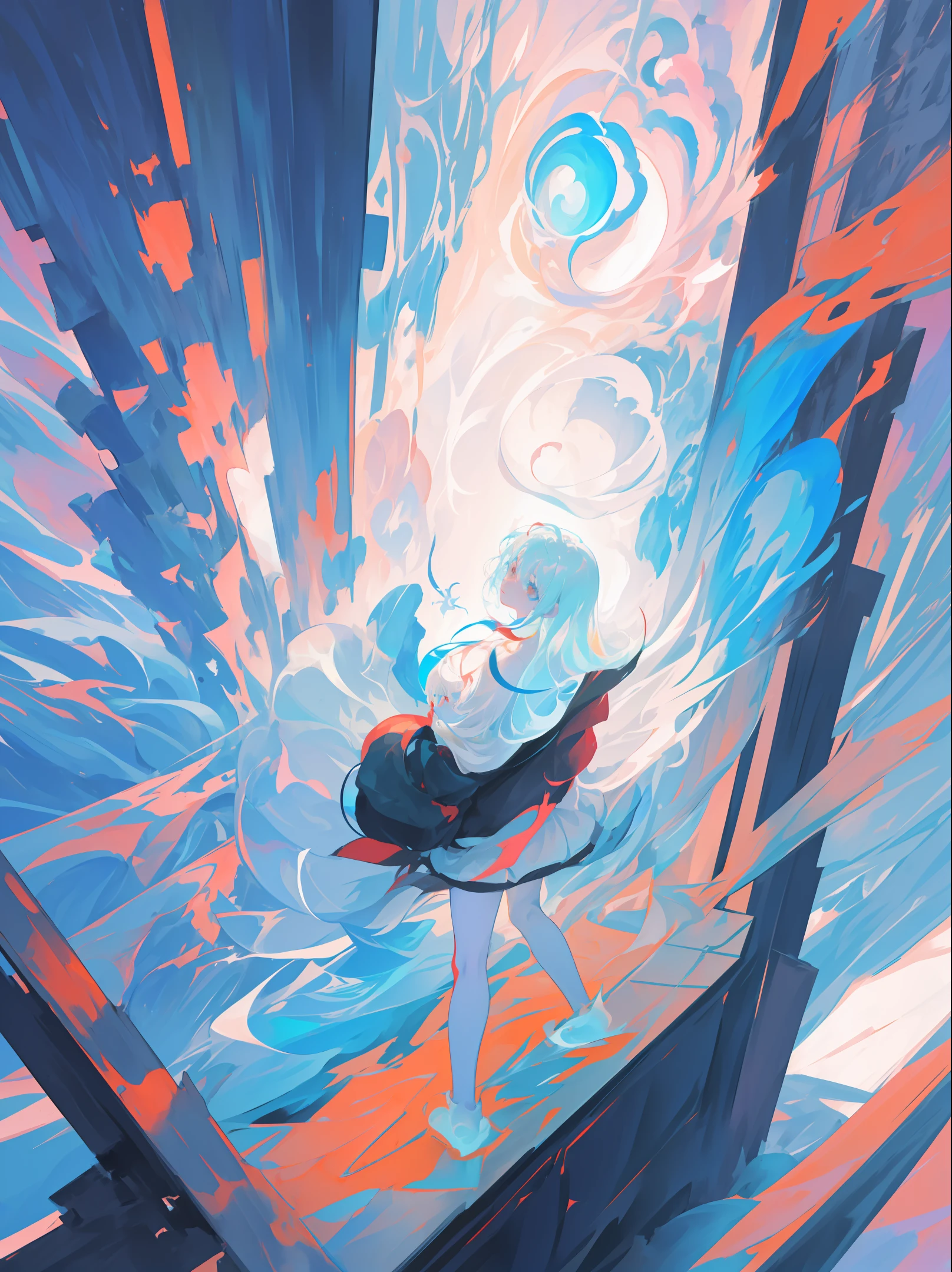 (1 girl, solo, standing , looking at viewer, full body), Abstract painting, (Zen, Amy Sol style), (broken bridge, smoke, back, big fish, white space), light abstract cover art, simple vector art, Chinese contemporary art, color gradient, pastel color palette, layered forms, whimsical animation, style ethereal abstraction, 4K, --v6