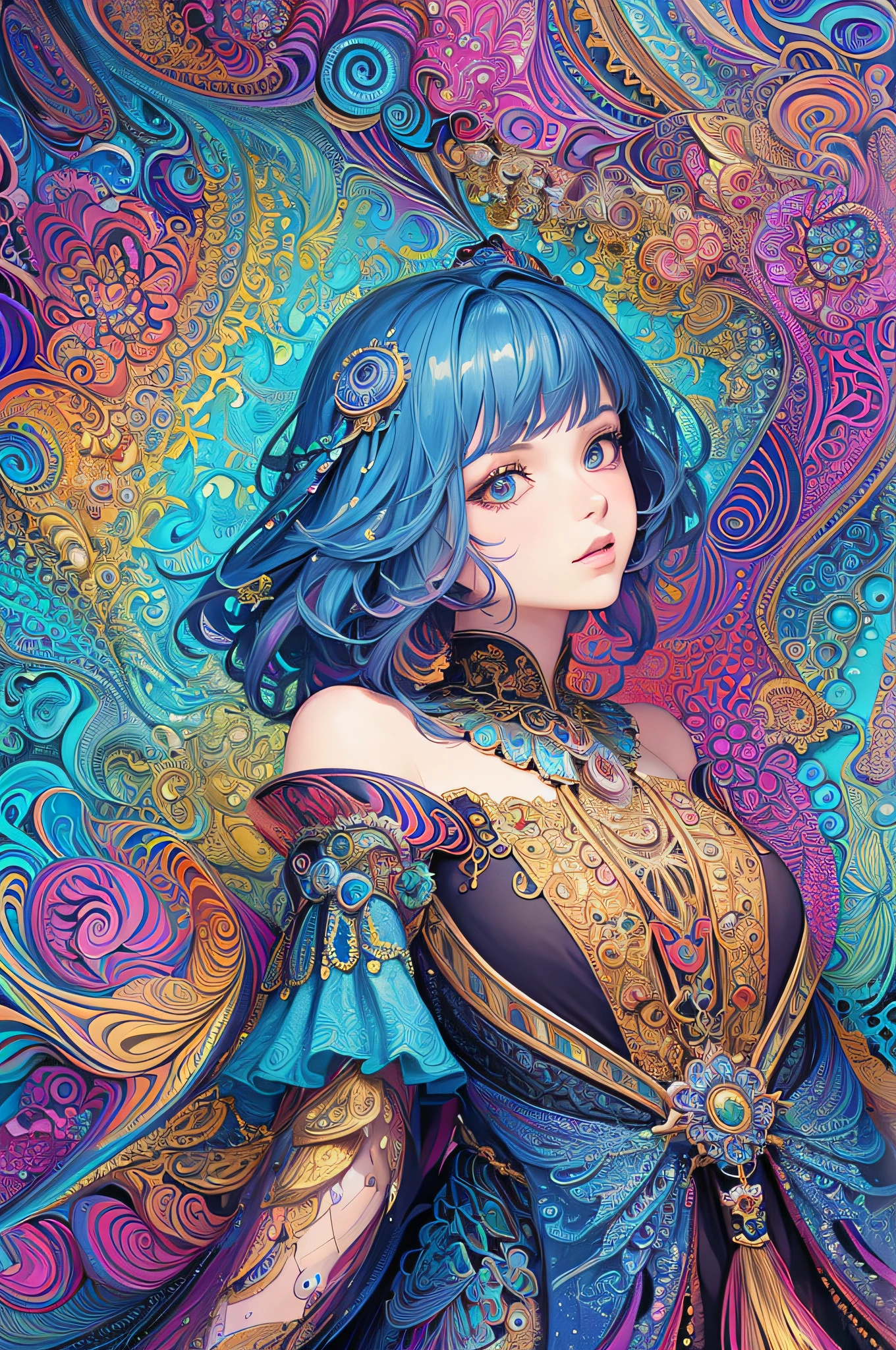 (masterpiece, top quality, best quality, official art, beautiful and aesthetic:1.2), (1girl:1.3), extremely detailed,(fractal art:1.2),colorful,highest detailed,(zentangle:1.2), (dynamic pose), (abstract background:1.5), (treditional dress:1.2), (shiny skin), (many colors:1.4), upper body