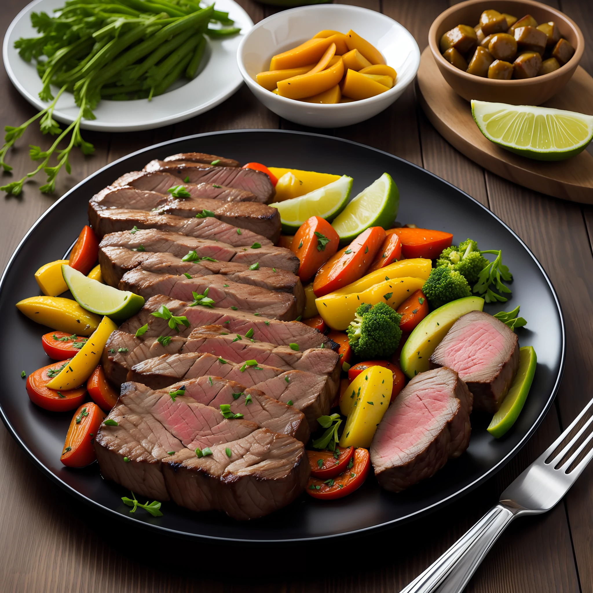 Succulent fillet steak and roast vegetables,  a stock photo, art photography, 8k raw, best quality