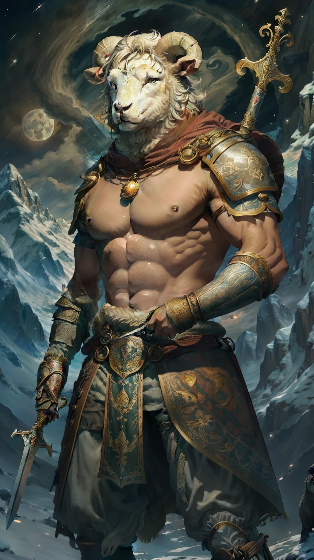 Aries anthropomorphic，Sheep's head man，Stunning graphics，Tarot card style，CG diagram，He wears medieval style armor，Carrying a long sword around his waist，Strong arm muscles，The painting style is fine，Set against the backdrop of the Alps，soft moonlit glow，Behind the head shines a holy brilliance，Realistic Style，