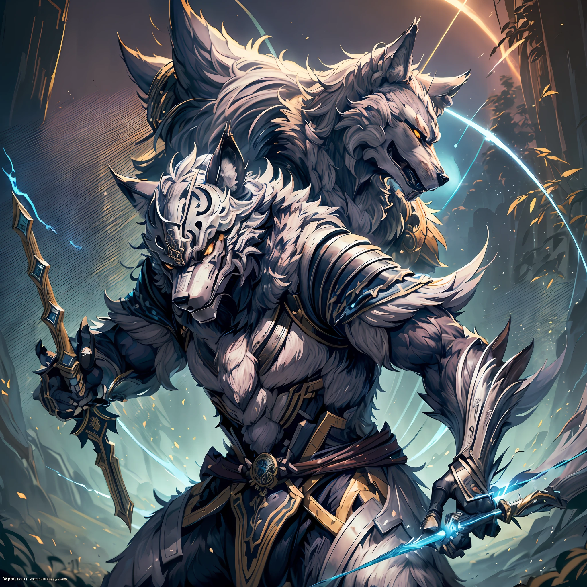 Top quality ultra-fine illustrations, movie poster, Zatoichi, Blind Swordsman, tarot card(bamboo forest, dark night with beautiful full moon, rays of light through bamboo, backlighting)(beautiful face and eyes with great detail)absurdres perfect anatomy((Beastman))(furry, solo focus, Japanese kimono, samurai, sword with blue flames, battle duels)(furry anthro:1.7)(((furry body, wolf facial features, wolf body features)))(((wolf muzzle highly detailed fur)))full body, sturdy look, shouting, combat regime, dash (dynamic pose),