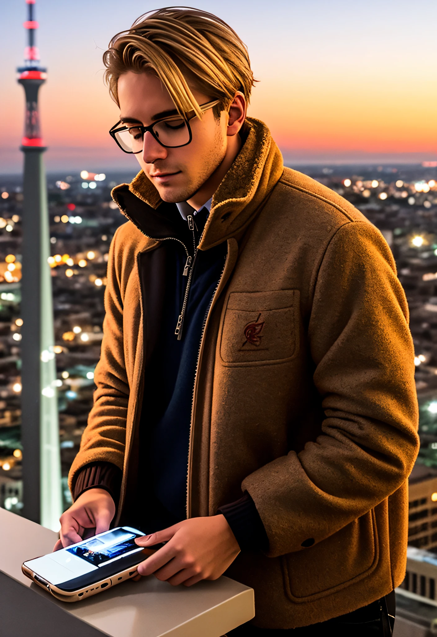 1guy, blond hair, glasses, looks out over the city at night from the top of a big TV tower. warm brown jacket, (red wings on back), and a cell phone in his hands.