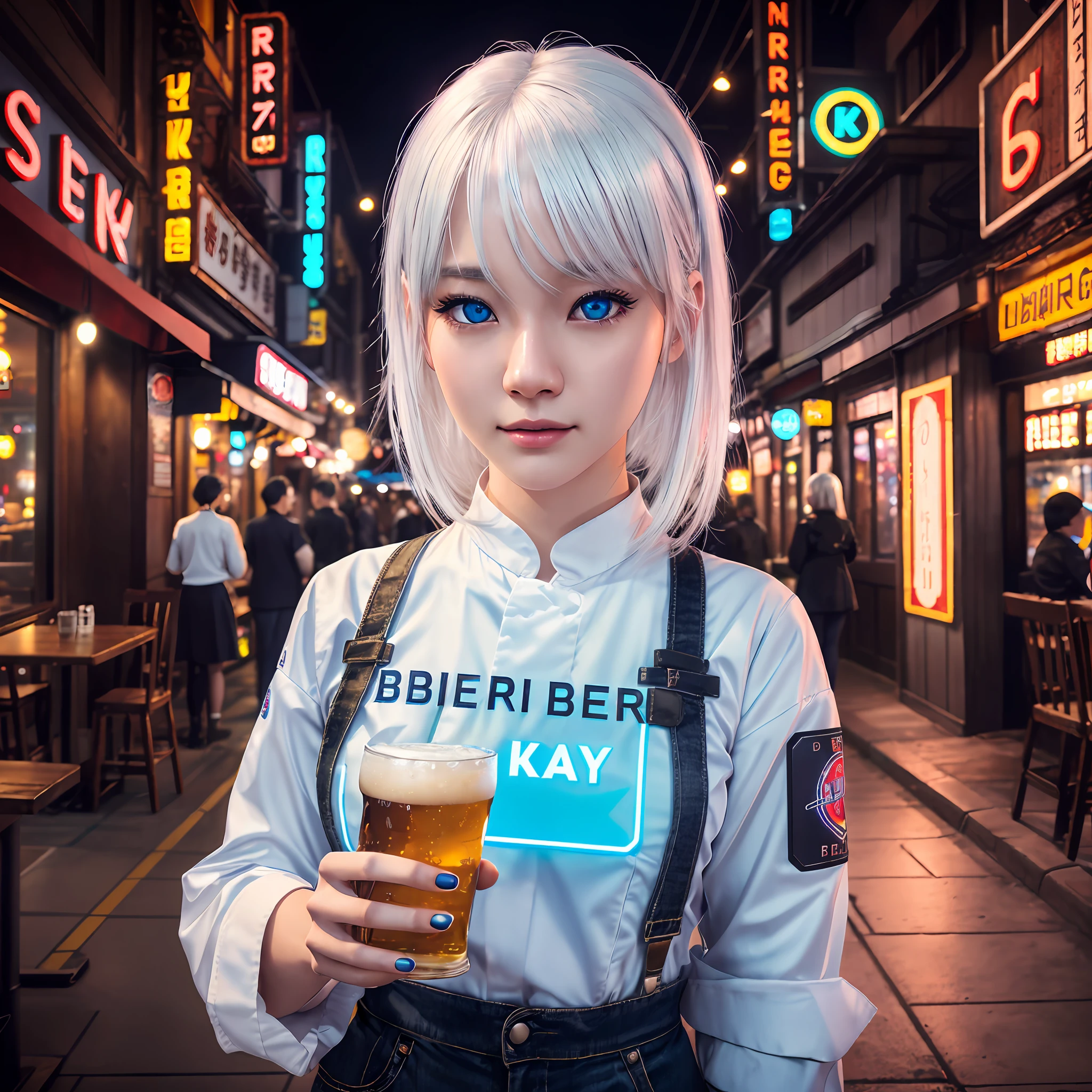 photorealistic, high resolution, cinematic lighting, 1 girl, white hair, korea girl, tech girl, blue eyes, look real, background: beer restaurant with signboard named "Kay", --auto --s2