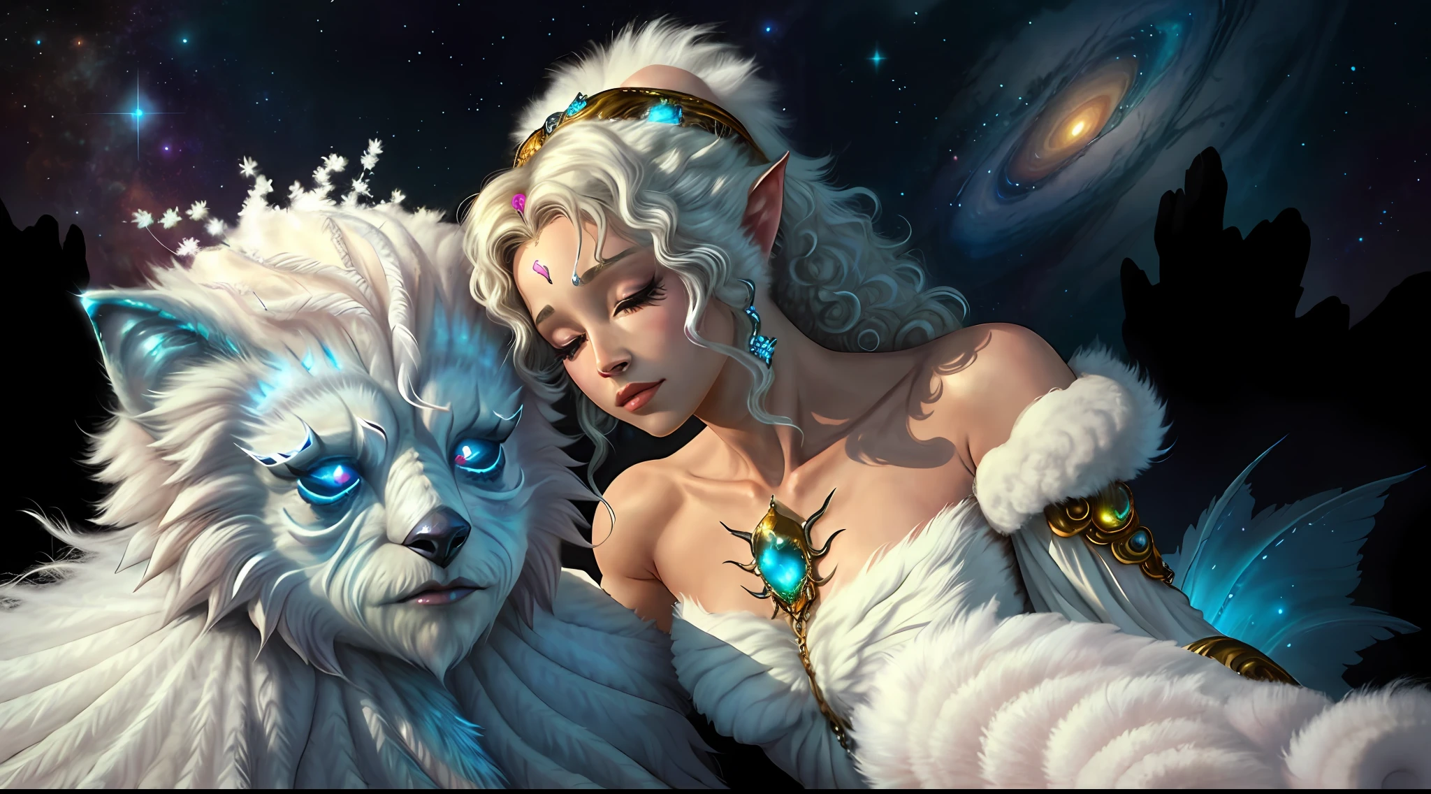 breathtaking masterpiece, best quality, highest quality, highly detailed, exquisite, award winning 8K digital painting of an ethereal and (incredibly beautiful female alien:1.4) with luminescent body parts that shimmer like stardust (lying gracefully on a steep cliff:1.2), casting a watchful gaze over (the galaxy:1.33), (a fluffy creature rests on her shoulder:1.8), intricate details, golden ratio, BaroqueAI, v0id3nergy, by Louis Royo