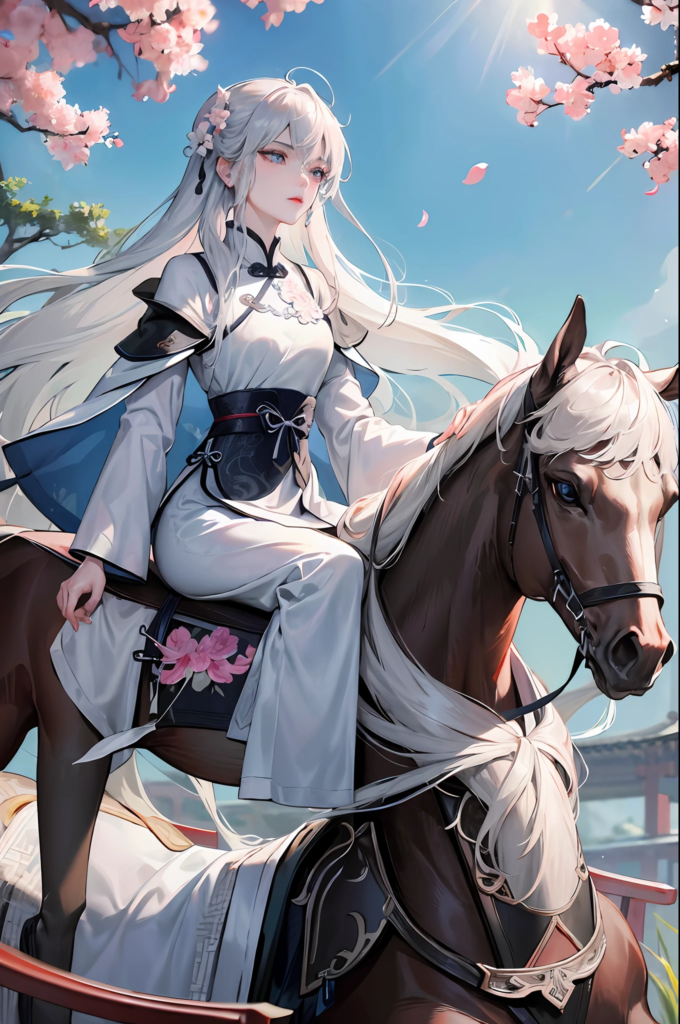 Masterpiece, Superb Piece, Daytime, Outdoor, Falling Flowers, Branches, Chinese Style, Ancient China, 1 Woman, Mature Woman, Silver-White Long-Haired Woman, Gray-Blue Eyes, Pale Pink Lips, Cold, Serious, Bang, Assassin, White, Black Clothing, Delicate Face, Exquisite Face, Horseback Riding