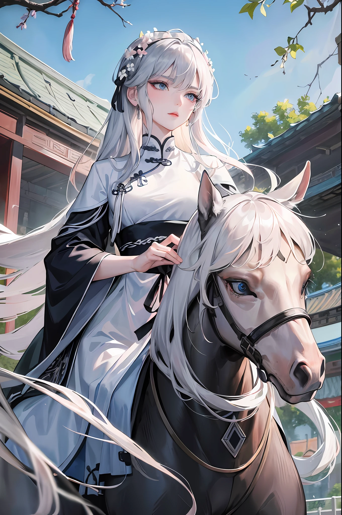 Masterpiece, Superb Piece, Daytime, Outdoor, Falling Flowers, Branches, Chinese Style, Ancient China, 1 Woman, Mature Woman, Silver-White Long-Haired Woman, Gray-Blue Eyes, Pale Pink Lips, Cold, Serious, Bang, Assassin, White, Black Clothing, Delicate Face, Exquisite Face, Horseback Riding