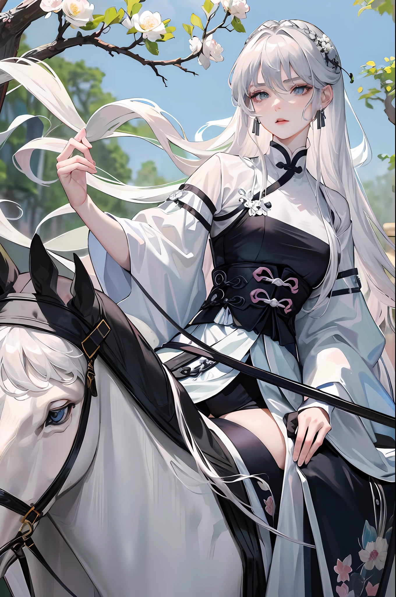 Masterpiece, Superb Piece, Daytime, Outdoor, Falling Flowers, Branches, Chinese Style, Ancient China, 1 Woman, Mature Woman, Silver-White Long-Haired Woman, Gray-Blue Eyes, Pale Pink Lips, Cold, Serious, Bang, Assassin, White, Black Clothing, Delicate Face, Exquisite Face, Horseback Riding