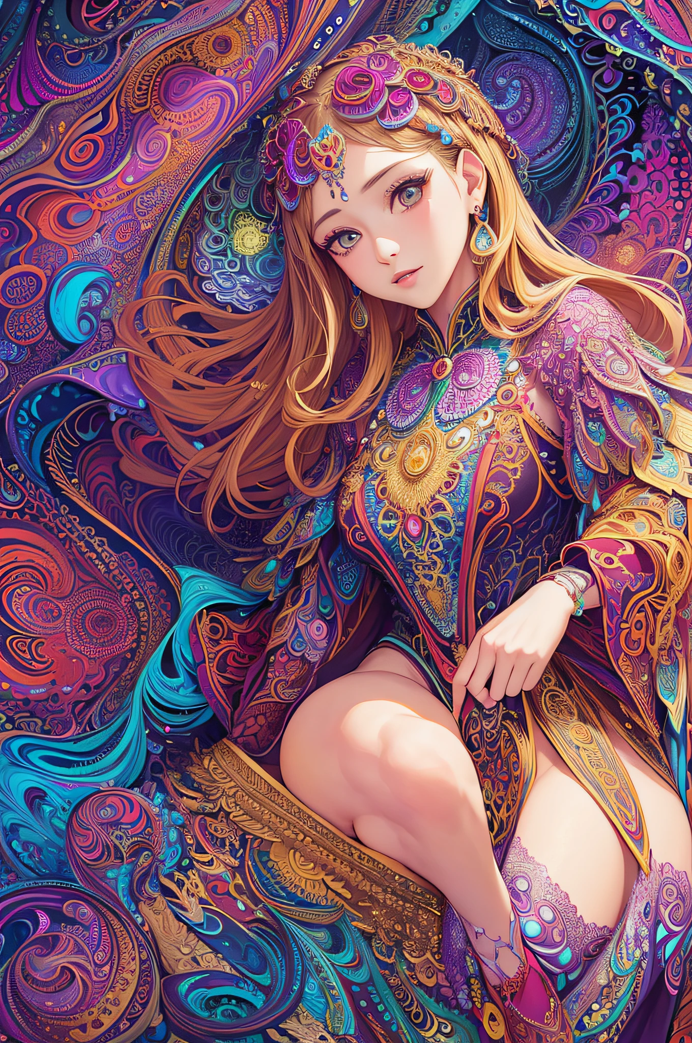 (masterpiece, top quality, best quality, official art, beautiful and aesthetic:1.2), (1girl:1.3), extremely detailed,(fractal art:1.2),colorful,highest detailed,(zentangle:1.2), (dynamic pose), (abstract background:1.5), (treditional dress:1.2), (shiny skin), (many colors:1.4), upper body