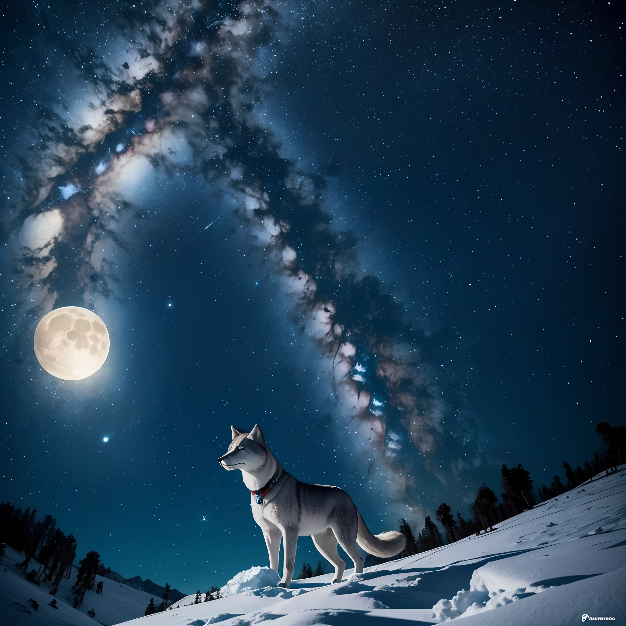 Um Lobo sozinho olhando para a lua em cima de uma montanha com um tom puxado para o azul realistas foto de perfil