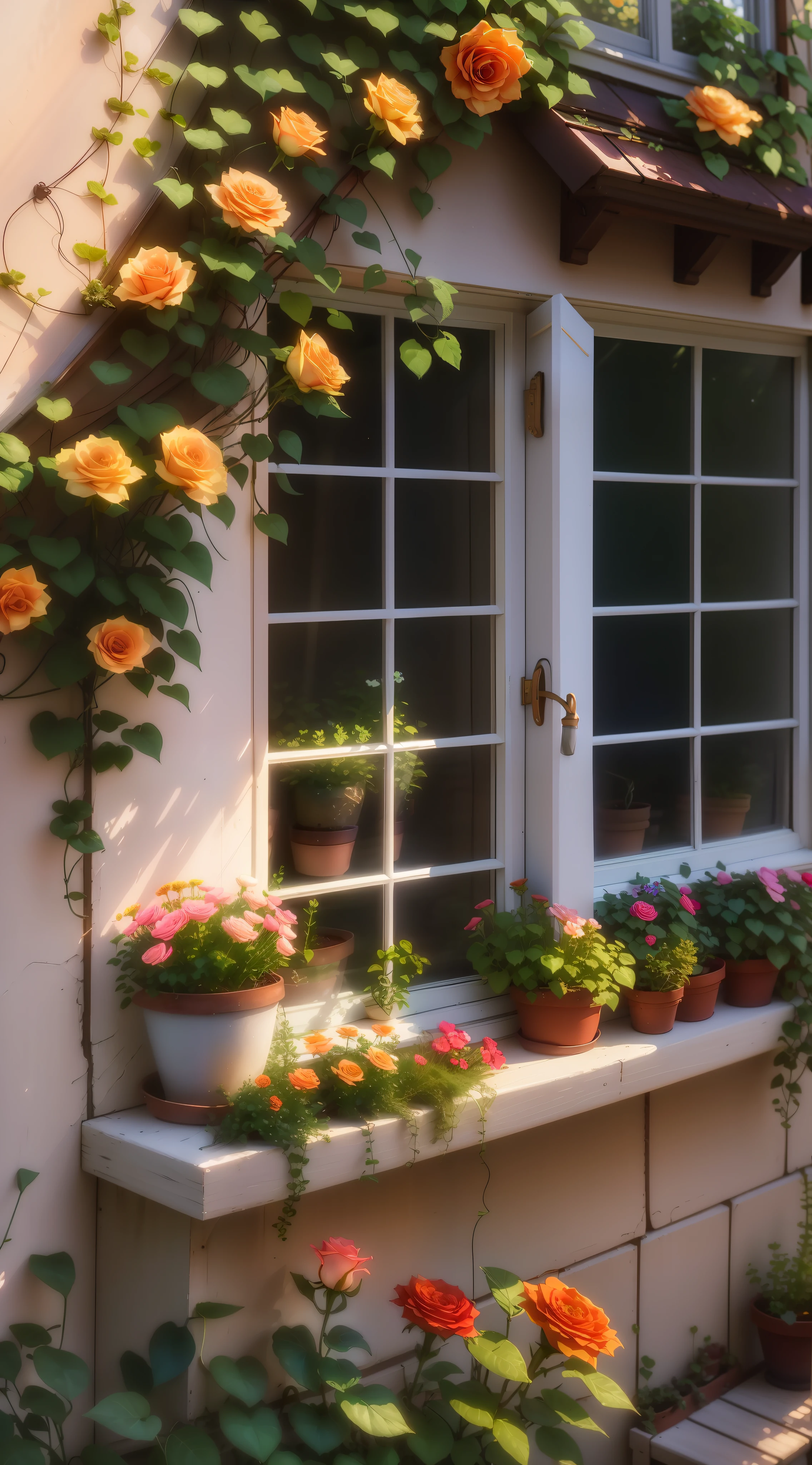 there are many flowers that are growing on the windowsill, photo of a beautiful window, vignette of windowsill, window with flower box, window sill with plants, cottagecore, summer morning light, roses in cinematic light, sunlit windows, soft glowing windows, windowsill, windowss,, open window ib background, Beautiful composition