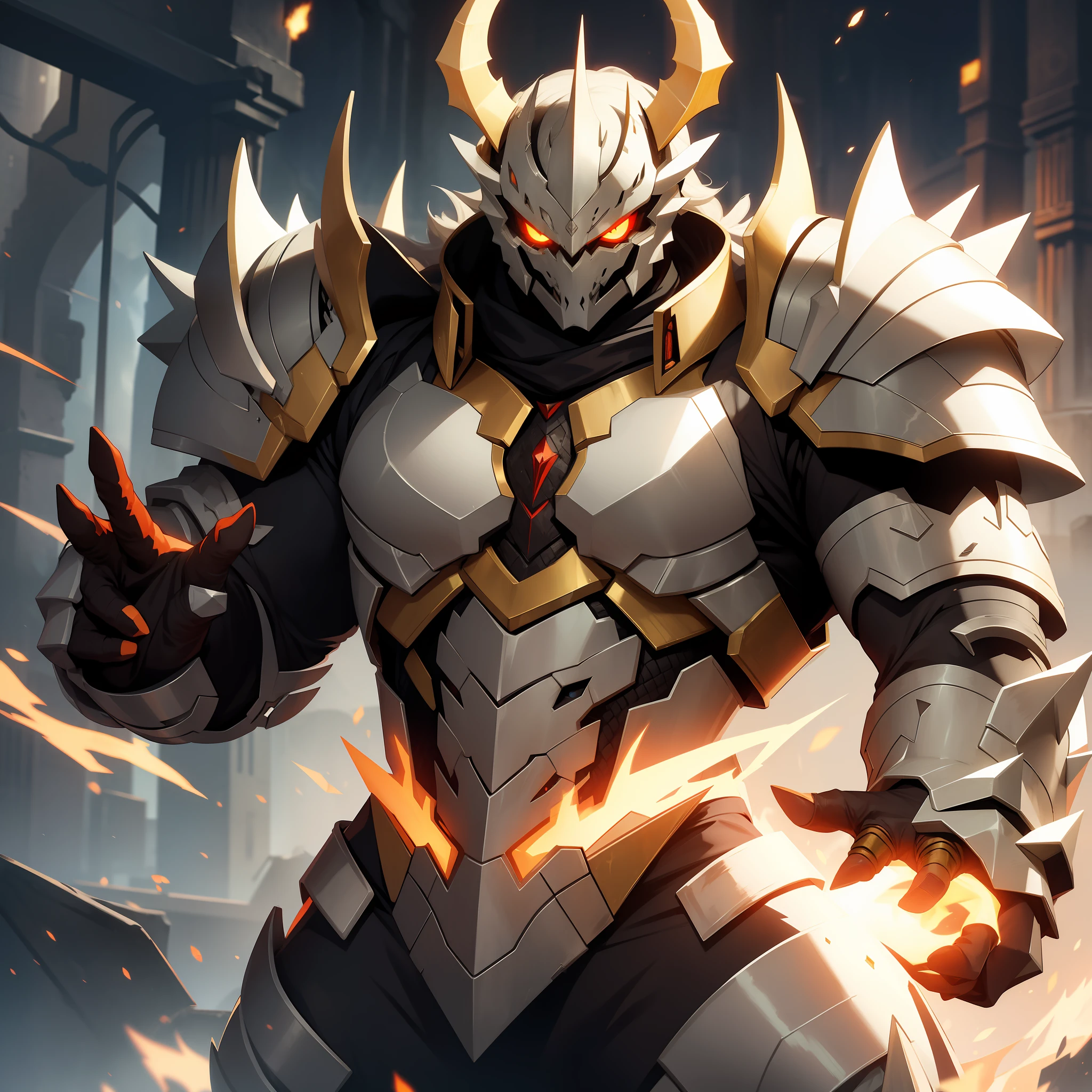 Armored demon with dragon head strong with white color half golden agressive eyes