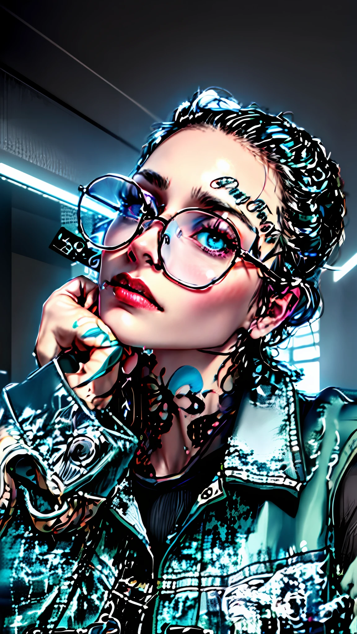 there is a woman with a tattoo on her neck and glasses, girl with glasses, with facial tattoo, girl wearing round glasses, with glasses, inked, with tattoos, tattoos and piercings, high quality portrait, tattooed face, wearing small round glasses, thick glasses, facial tattoos, profile image, tattooed, 🤤 girl portrait, with square glasses, !!wearing modern glasses!!, ((detailed face)), ((detailed facial features)), (finely detailed skin), pale skin, (the megacity cyberpunk environment, neon lights, skyscrapers), ((in a dark hallway)), soft natural light, wet skin, cyberpunk megacity environment, (cool colors), damp, reflections, (masterpiece) (perfect aspect ratio), (realistic photo), (best quality), (detailed) photographed on a Canon EOS R5, 50mm lens, F/2.8, HDR, (8k) (wallpaper) (cinematic lighting) (dramatic lighting) (sharp focus) (intricate), RAW photo, RAW photo, gigachad photo, posing for camera, black jeans, arms behind, 8k uhd, dslr, high quality, film grain, Fujifilm XT3, extremely detailed, photorealistic, realistic, incredibly absurd, highly detailed, sharp focus, (Professional Studio Lighting), (Professional Color Grading), Edge Lighting, Dramatic lighting, Cinematic lighting, Lumen reflections, Soft natural lighting, Soft color, Photon mapping, Radiosity, (Beautiful eyes), (Detailed eyes), (Detailed face), symmetrical eyes, sharp eyes, cold face, full body), (HIGH LEVEL OF DETAIL),(wet, oil-lubricated), colorful, lights, colorfull lights