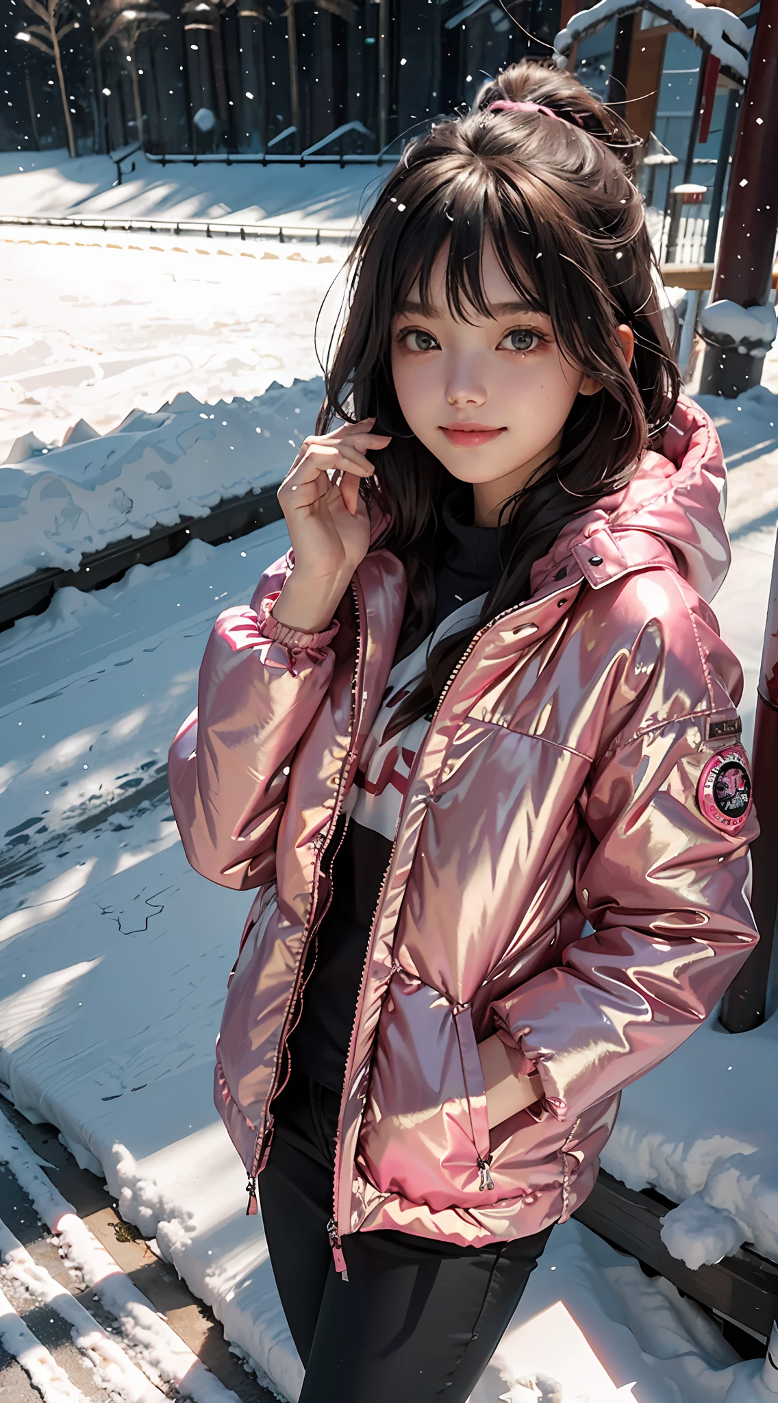 Masterpiece level, best picture quality, Ultra-clear details express CG works, Pink long down jacket, The naïve and shy brunette girl raised her hand to say hello, Spectators in the stands are full of body photos, Sunny winter, There are snowflakes falling, The eyes are dark and bright, The corners of his mouth smiled。