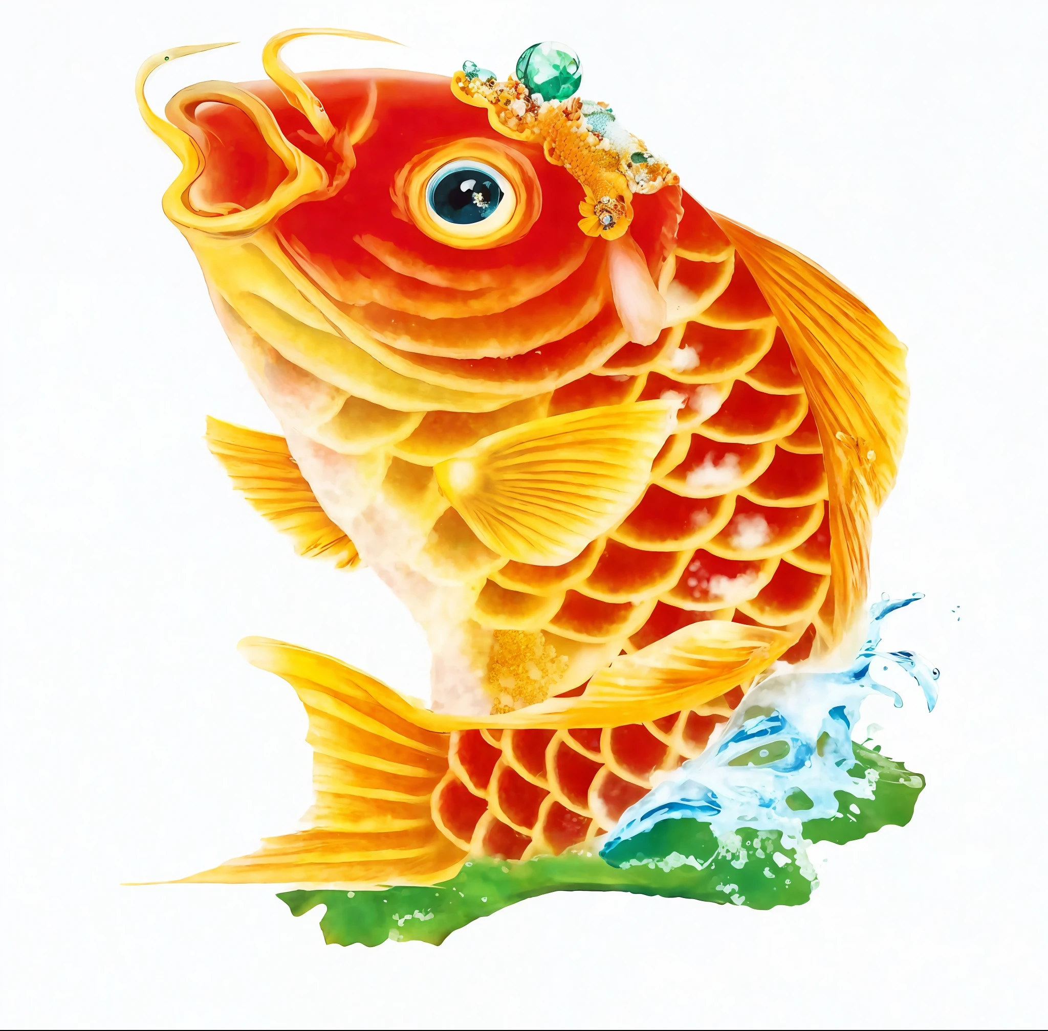 there is a fish with a crown on its head and a wave, koi fish, koi, author:Julian, author:Tan Jianai'yū, koi fish, shui mo hua, diego koi, goldfish、, floating koi fish, author:Yang Borun, author:Yan Hui, ( ( ( koi colors ) ) ), koi colors, author:Kan Lee, colorful fish