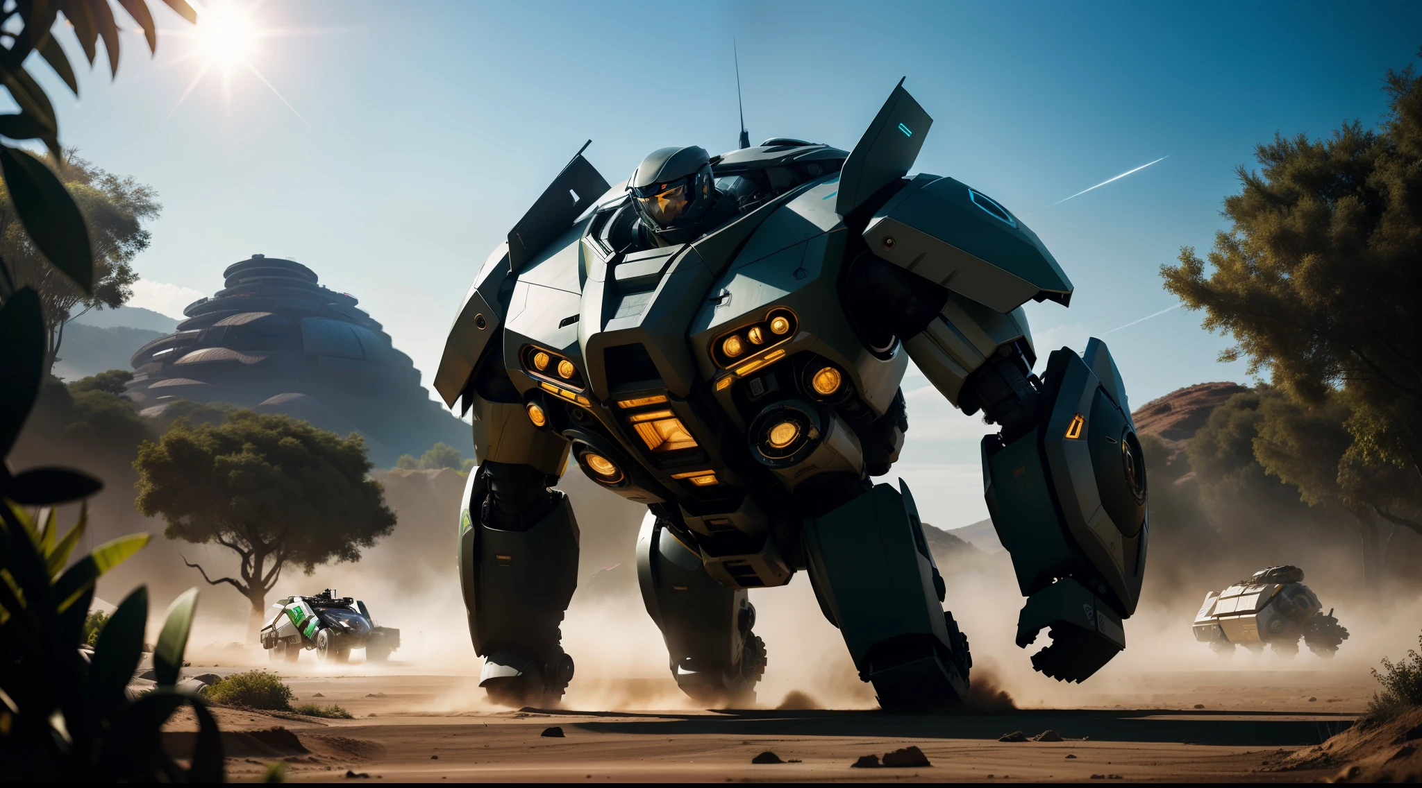 environmental wide angle shot of a giant solarpunk mechs, action shot, full body, vibrant, photorealistic, realistic, dramatic, dark, sharp focus, 8k