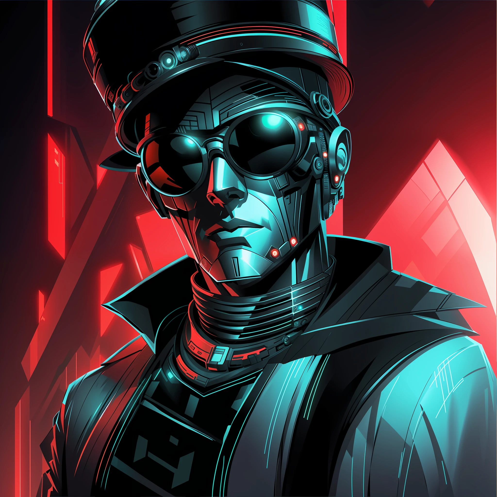 there is a digital illustration of a man in a hat and sunglasses, portrait of machine man, Retrato de um homem cyberpunk, Retrato detalhado de um ciborgue, cara cyberpunk, fashionable cyberpunk mechanoid, Retrato de um ciborgue cyberpunk, detailed cyberpunk illustration, Retrato masculino steampunk, arte do personagem cyberpunk, epic portrait illustration, epic digital art illustration, estilo de arte duke nukem