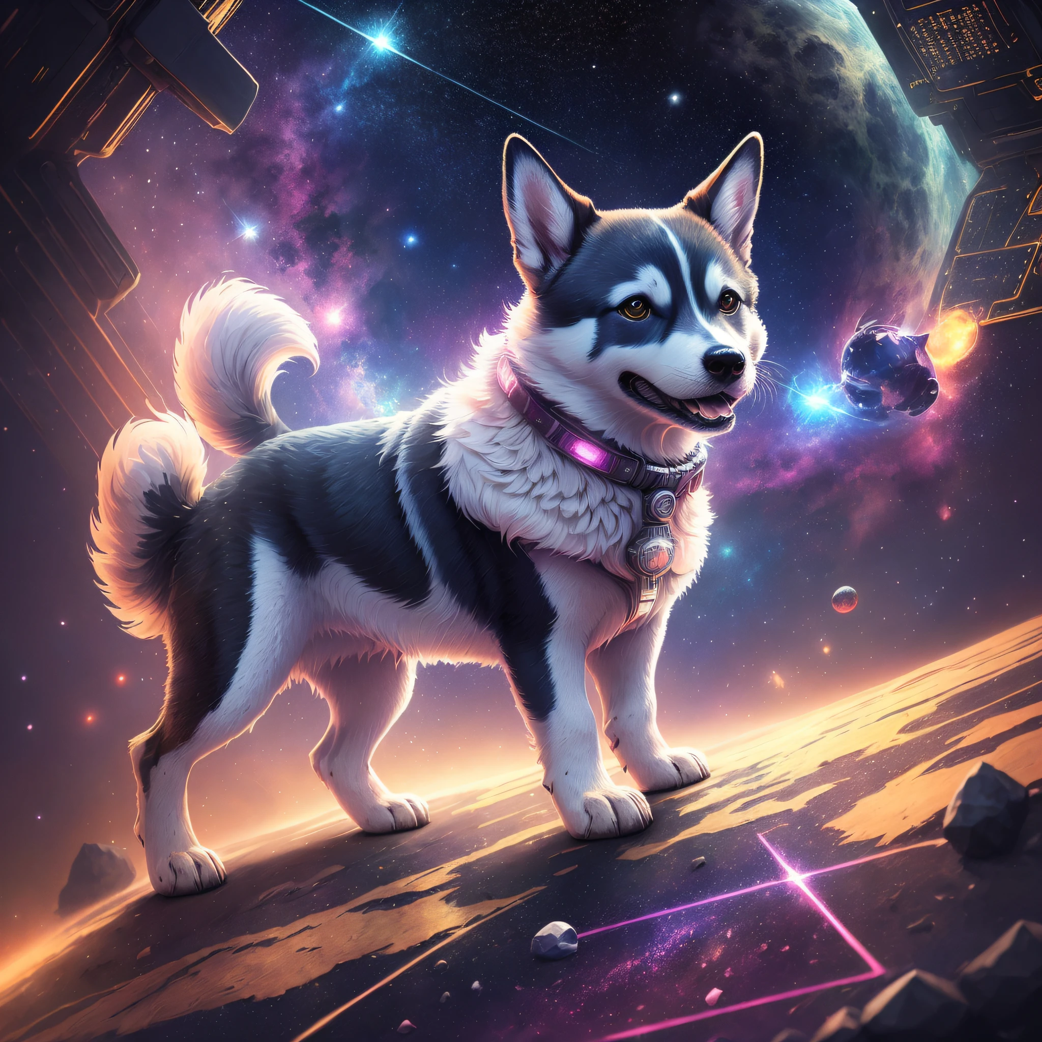 there is a dog that is standing in the space with a ball, Husky em armadura brilhante, adorable digital painting, arte oficial altamente detalhada, Retrato do cosmonauta Shiba Inu, husky, arte digital detalhada bonito, corgis in no man's sky, style hybrid mix of beeple, collectible card art, arte fursona, arte completa