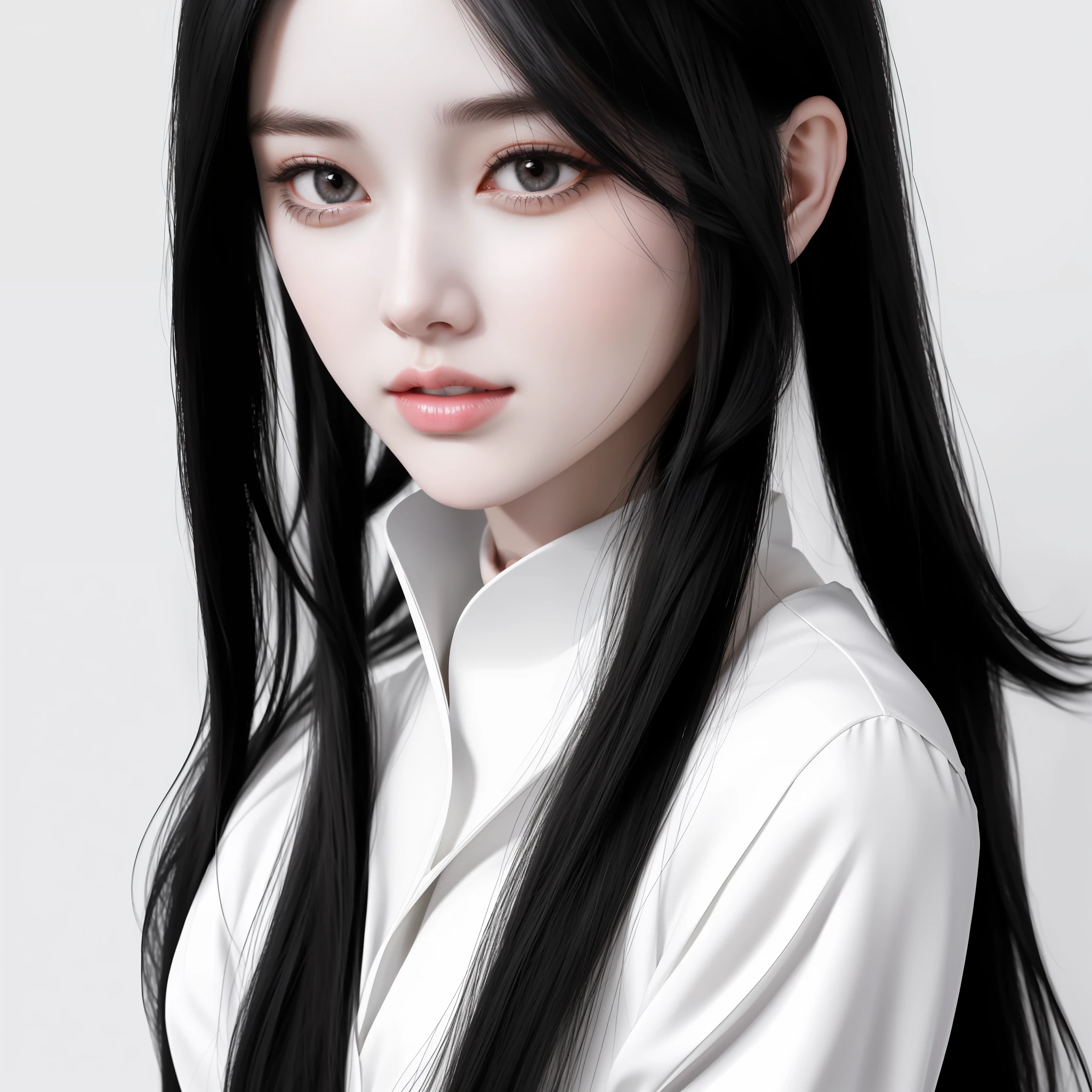 a close up of a girl with long black hair and a white dress, detailed long black hair, white long straight hair, pale milky white porcelain skin, pale porcelain white skin, with straight black hair, long thin black hair, long raven hair, with long dark hair, pale snow white skin, beautiful and detailed face, stunning beauty,hide her hands, sensual face without revealing her body, anatomically correct face, no flaws,only one girl in the image,no deformities