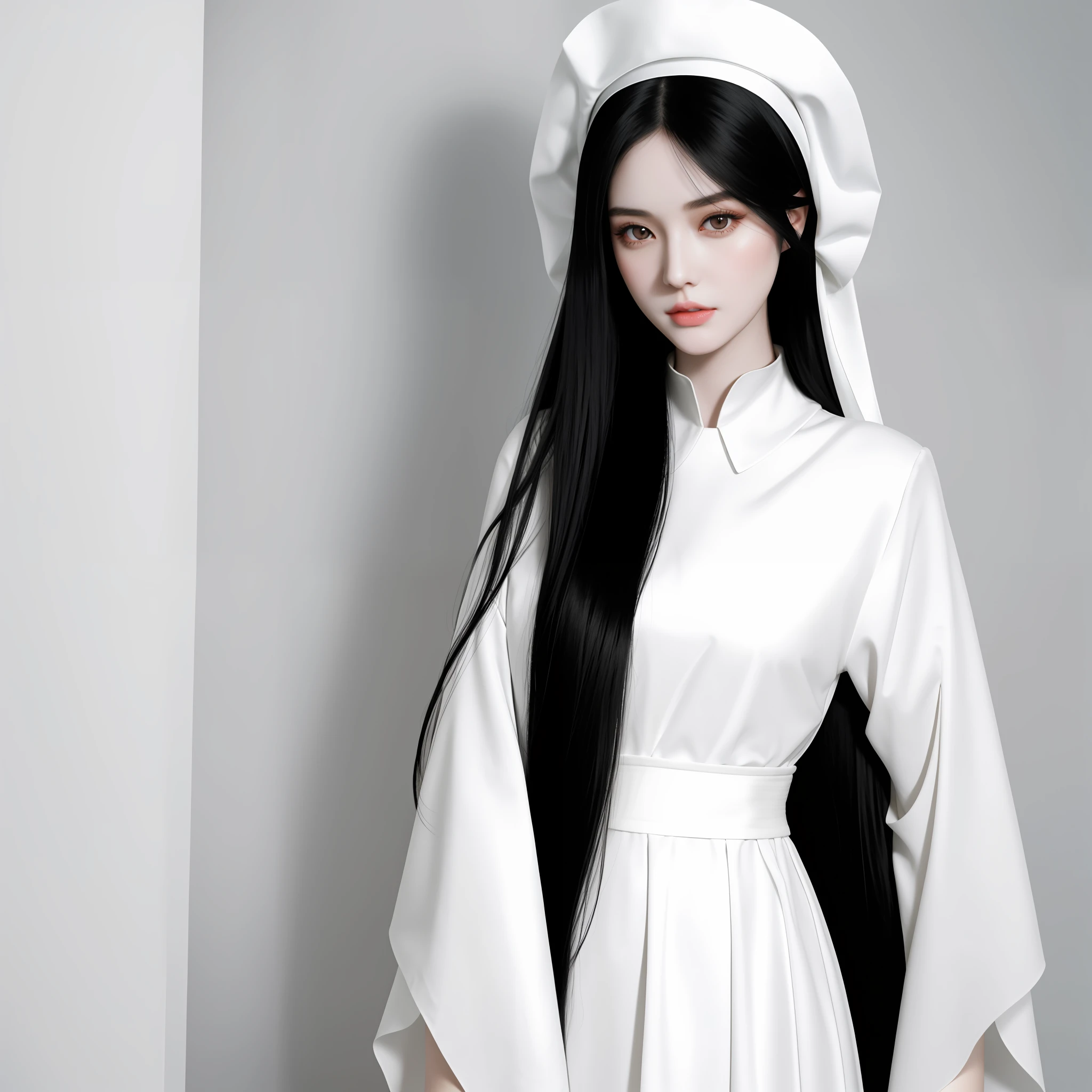 a close up of a girl with long black hair and a white dress,  detailed long black hair, white long straight hair, pale milky white porcelain skin, pale porcelain white skin, with straight black hair, long thin black hair, long raven hair, with long dark hair, pale snow white skin, beautiful and detailed face, stunning beauty,hide her hands, sensual face without revealing her body, anatomically correct face, no flaws,only one girl in the image,no deformities