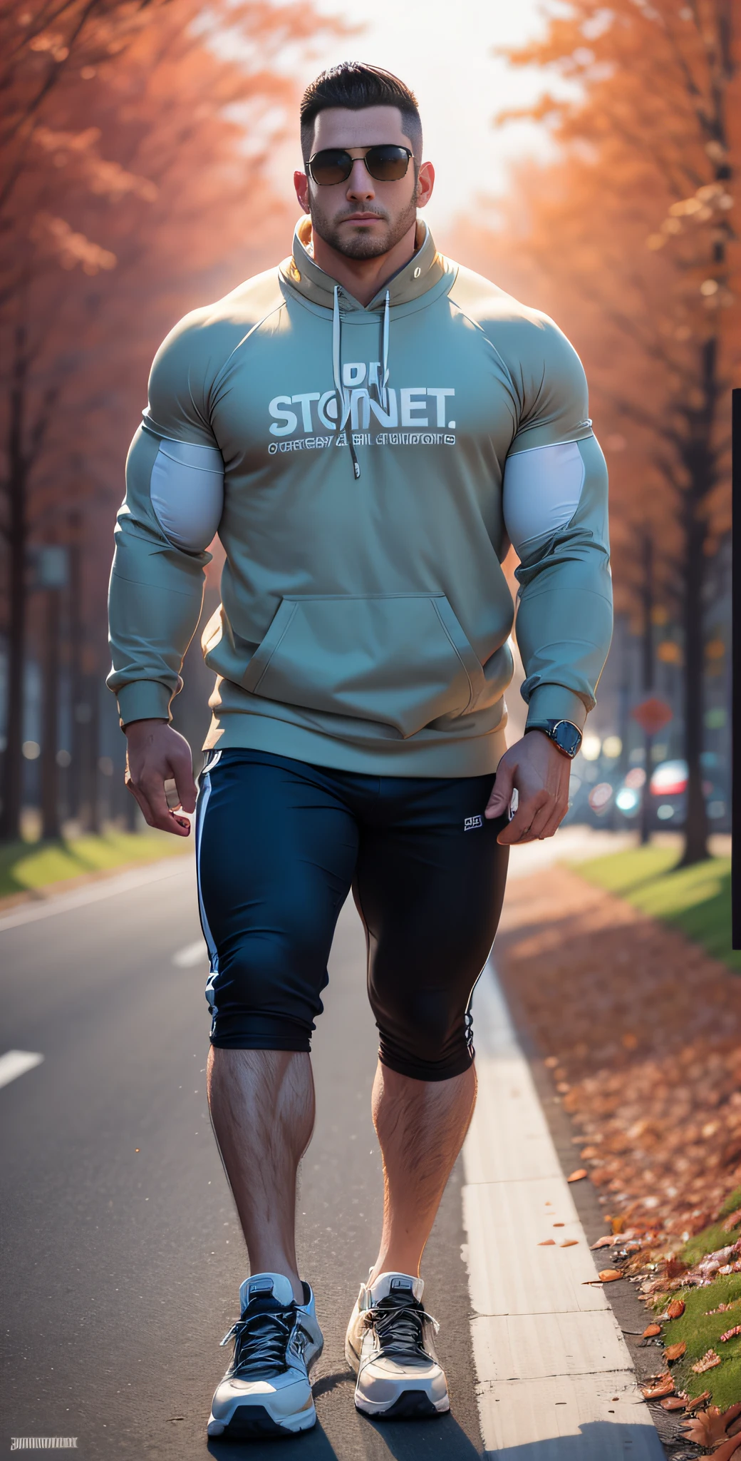 Man in off-white sweatshirt standing in the middle of a sunny highway，American round head，Buzz Cut，National character face，Tall and burly，Muscle male hero，Heroic male pose，very muscular！Wear sunglasses，SKINS brand sports sweatshirt， Black hair，Super buff and cool， commission for high res，  Character design: morning runner，sneaker shoes，Attractive strong men，The red maple forest shining through the sun shines on you