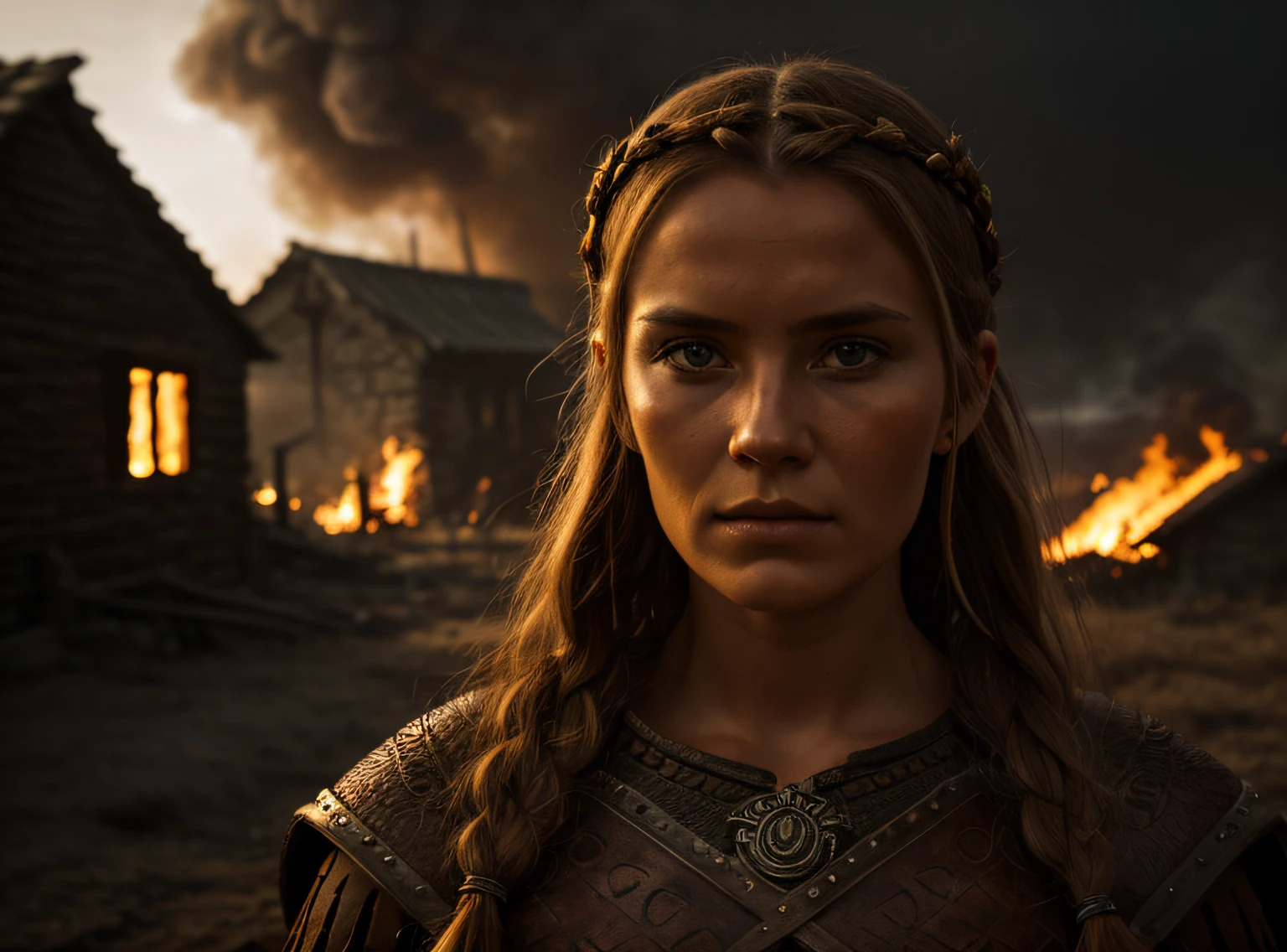 a photo portrait of Viking woman in front of a burning village, detailed face, rim lighting, low key, photography