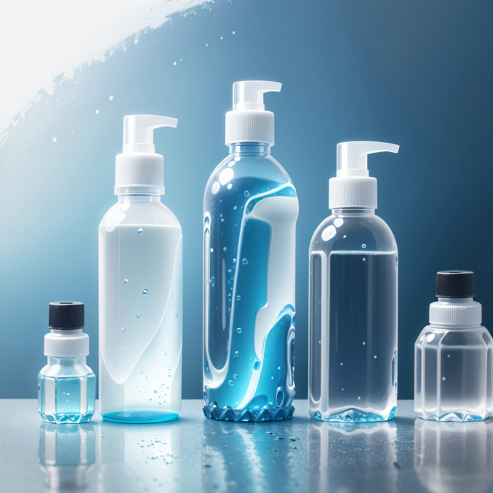 HDPE plastic bottles of various sizes, opacas e transparentes, with various spray caps and dosers, with interior liquid of various colors, on white surface and sky blue background, hiper-realista, Day lighting. --auto --s2