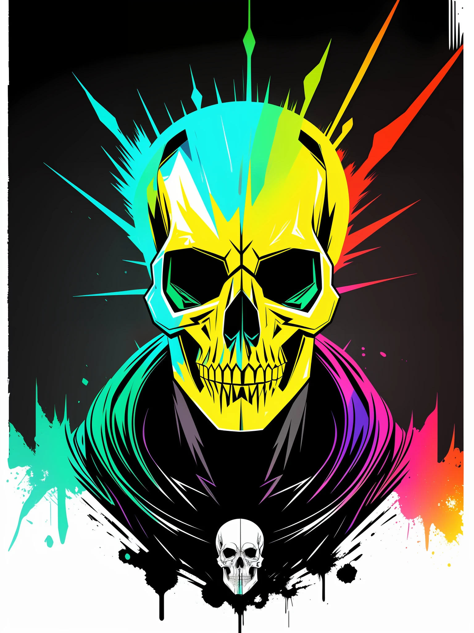 (a portrait of Cyberpunk Skull with colored fluid l:1) , T-shirt logo in conical fine contour style, spelling view, art in (empty background:1.4)Hands,