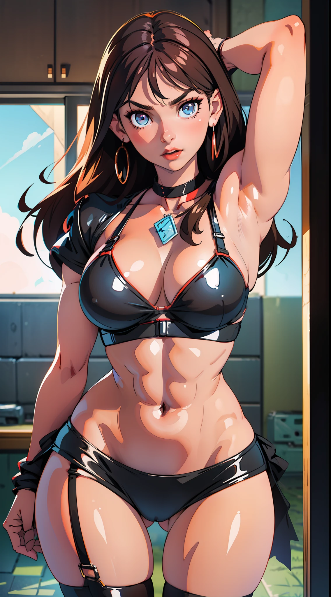 1 girl, action pose, lewd face, sexy, cleavage, brown hair, brunette, blue eyes, collar, black bikini, black skirt, black panties, black bra, thigh highs, short sleeves, armpits, large breasts, wide hips, thick thighs, muscles, abs, no teeth, beautiful face, realistic, ray traced, beautiful eyes, red lipstick