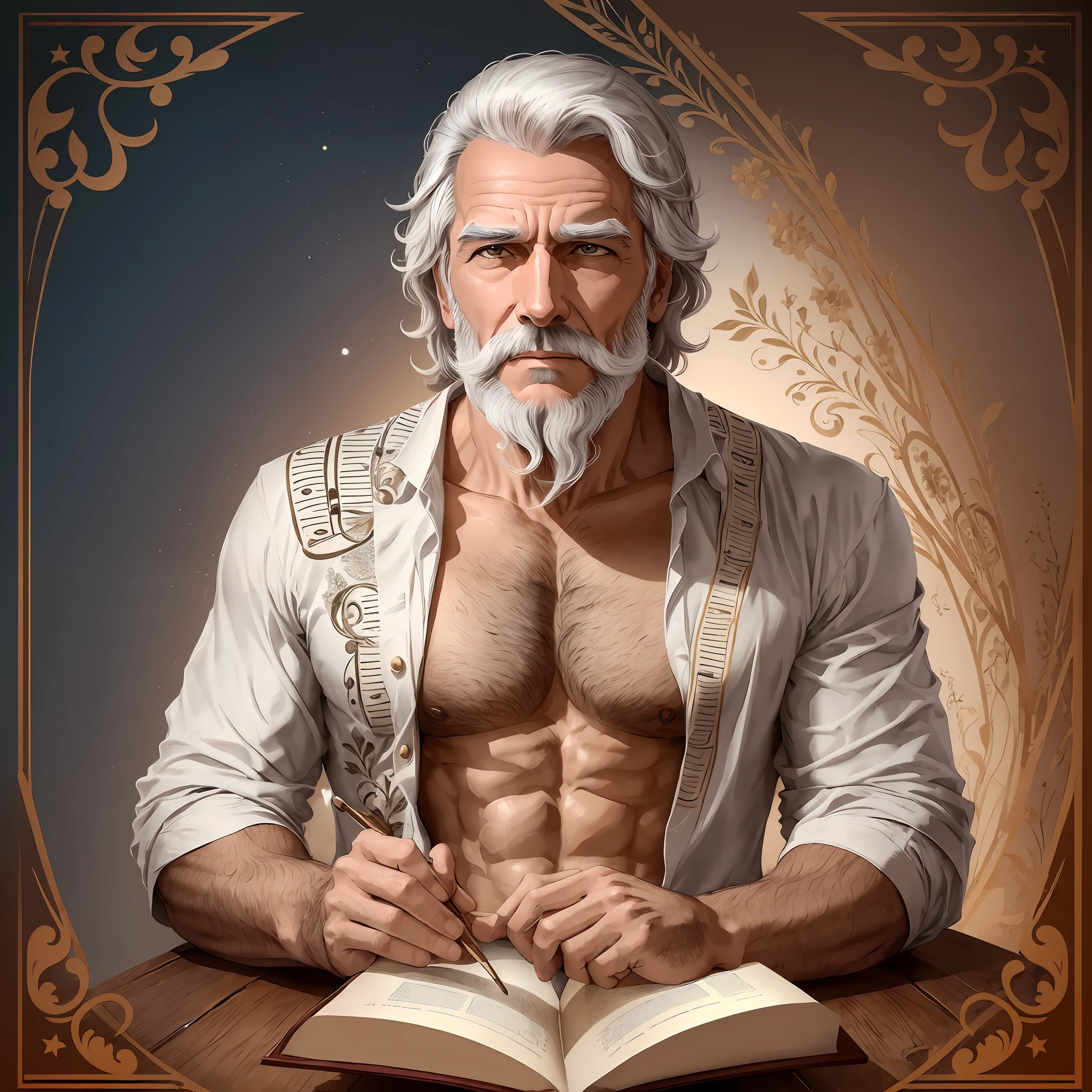 Um homem branco mais velho, com marcas profundas da vida em seu rosto, vestindo roupas elegantes, conveys an appearance of much knowledge.