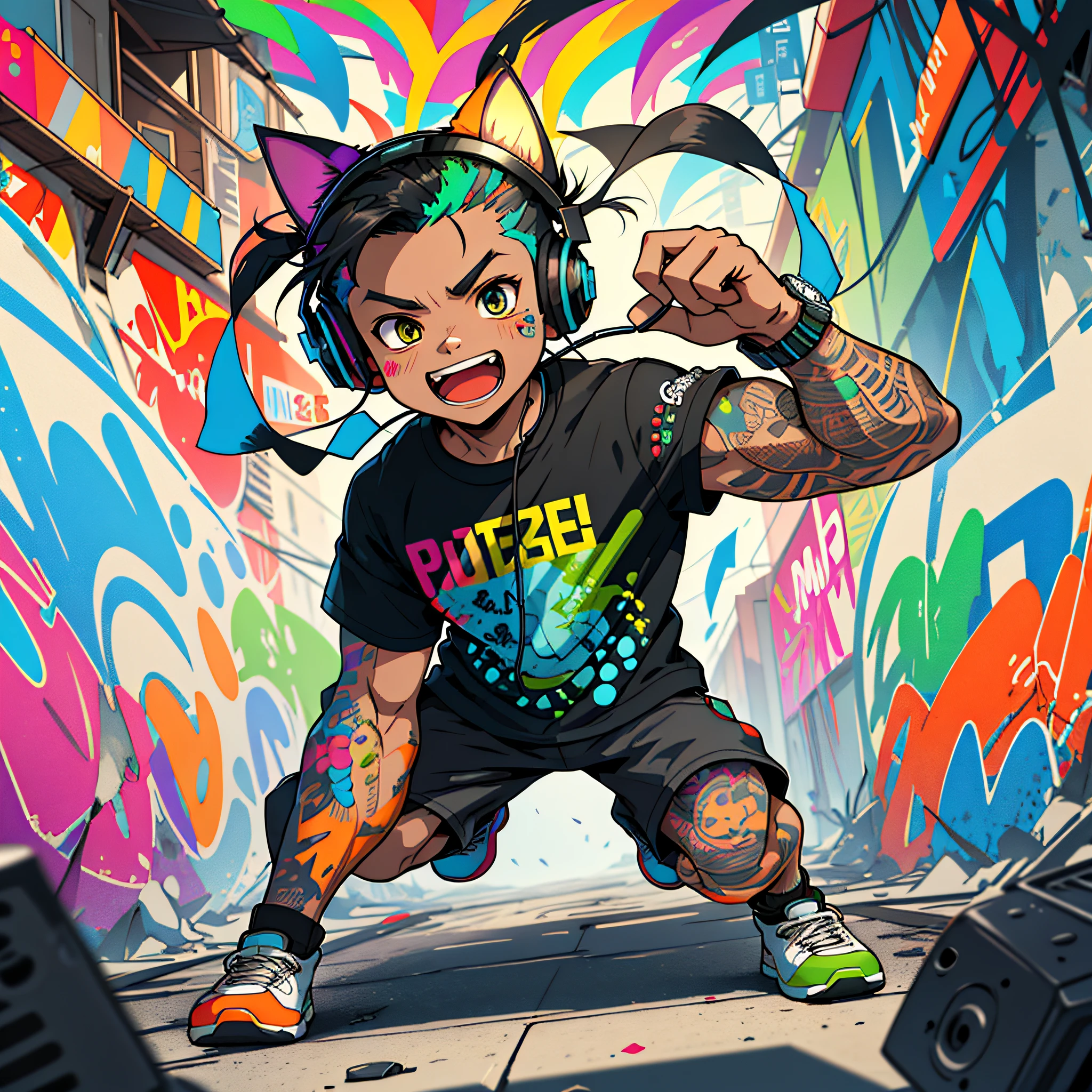 time bomb, centered, isometric, vector t-shirt art ready to print highly detailed colourful graffiti illustration of Kittens playing with TNT, wearing headphones, face is covered by highly detailed, vibrant color, high detail