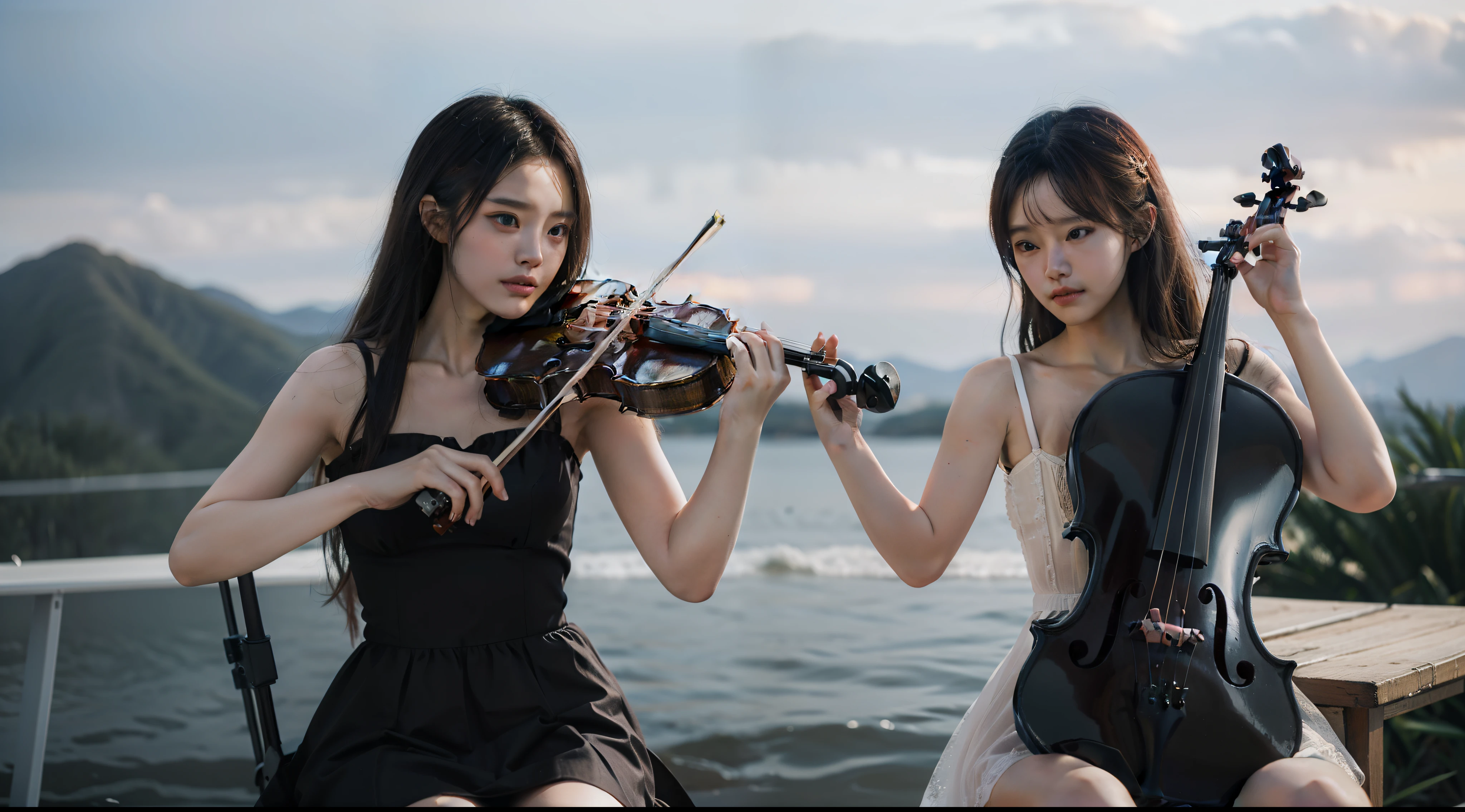 Two dressed beauties playing violin and cello in the sky, 8K photo quality, Accurate depiction of violin and cello, Accurate depiction of the hands and feet of the figure.