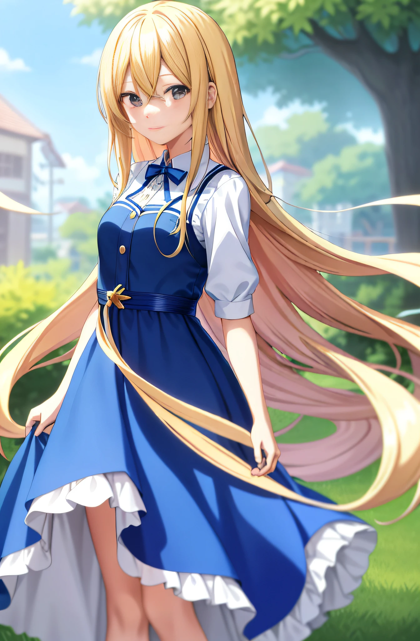 anime girl with long blonde hair in blue dress and white shirt, blonde anime girl with long hair, beautiful anime high school girl, smooth anime cg art, loli in dress, anime girl with long hair, anime visual of a cute girl, cute anime waifu in a nice dress, splash art anime loli, small curvy loli, anime best girl