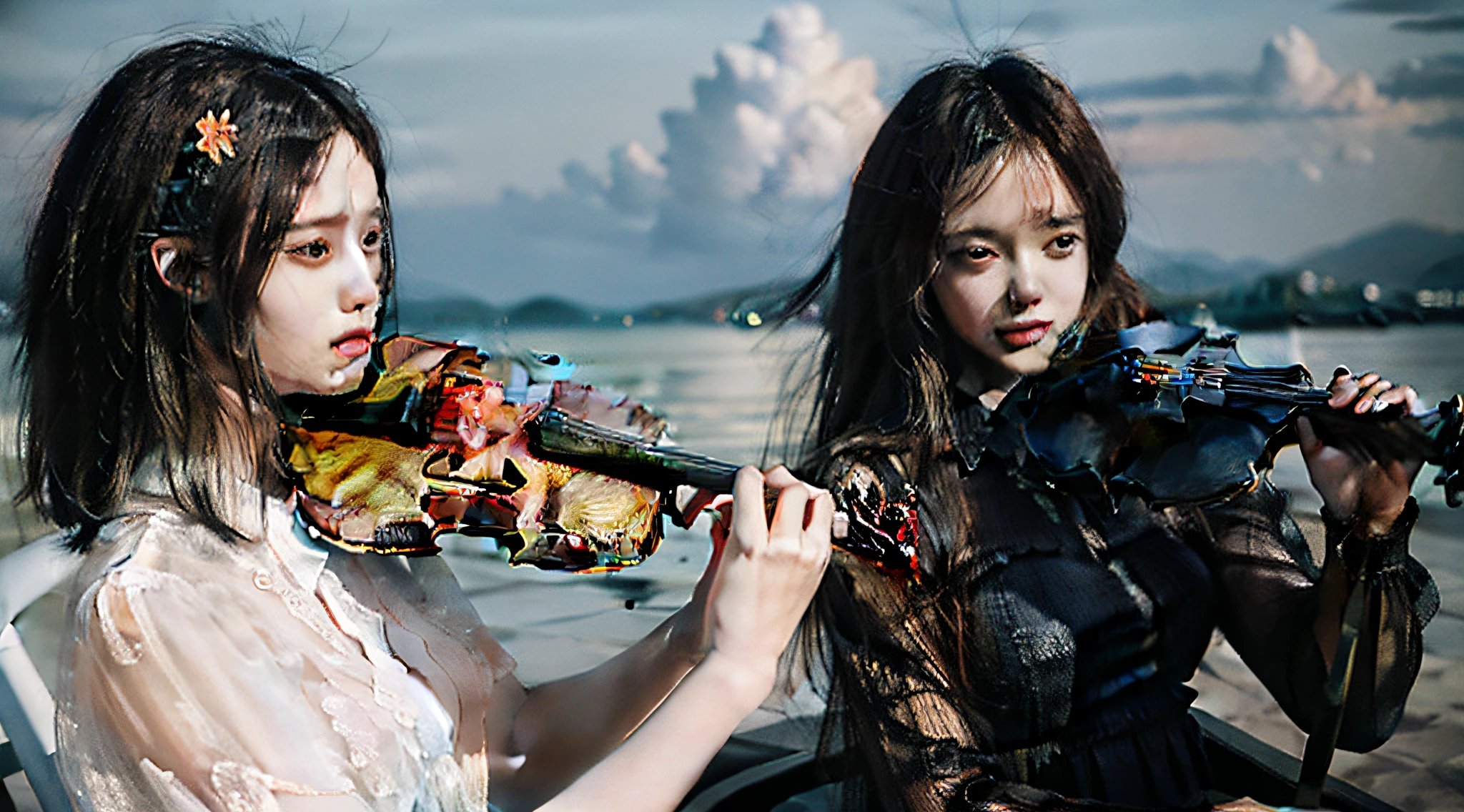 Two dressed beauties playing violin and cello in the sky, 8K photo quality, Accurate depiction of violin and cello, Accurate depiction of the hands and feet of the figure.