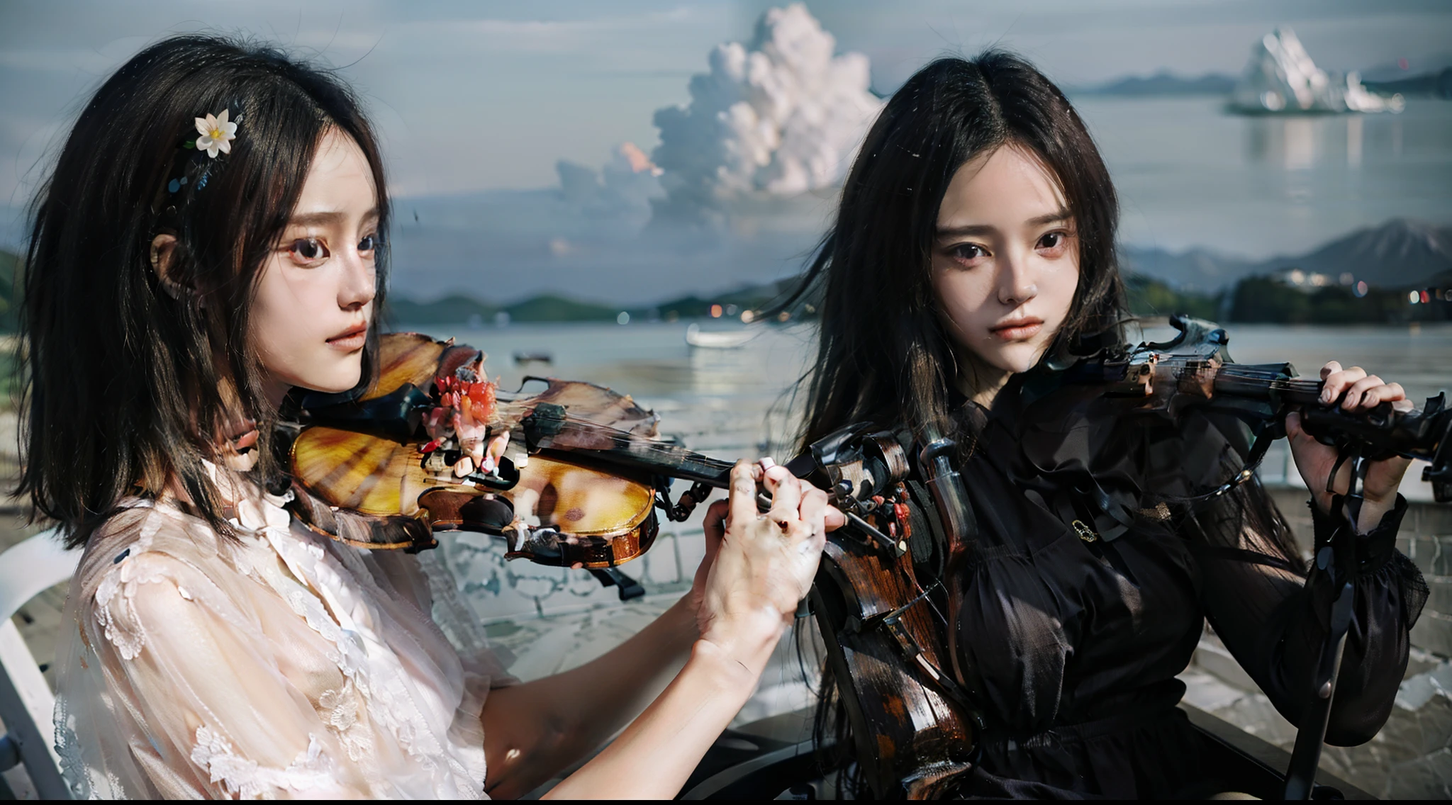 Two dressed beauties playing violin and cello in the sky, 8K photo quality, Accurate depiction of violin and cello, Accurate depiction of the hands and feet of the figure.