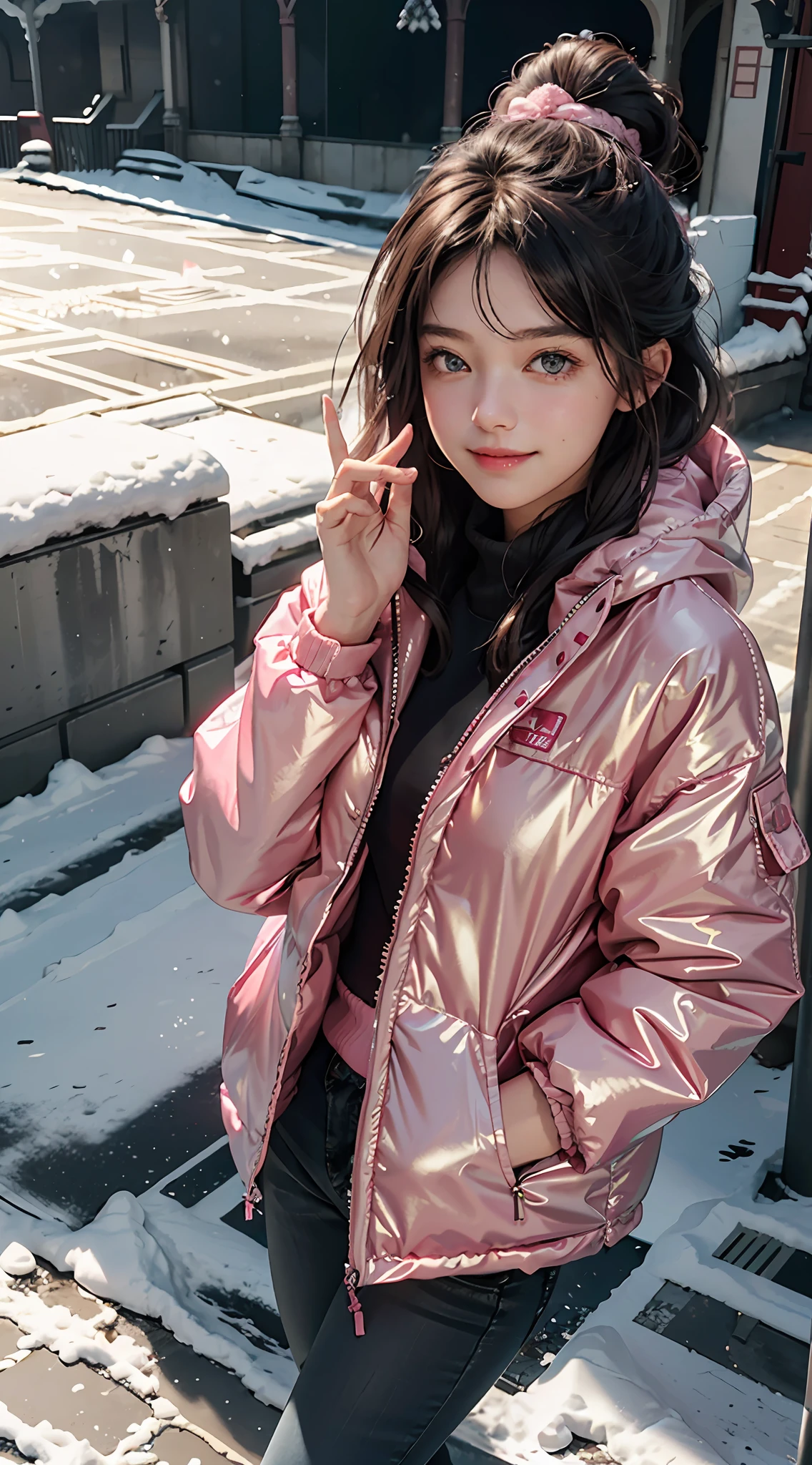 Masterpiece level, best picture quality, Hyper-clear details express CG works, Pink long down jacket, The naïve and shy 14-year-The old brunette girl raised her palm in greeting, Spectators in the stands are full of body photos, Sunny winter, There are snowflakes falling, The eyes are dark and bright, The corners of his mouth smiled。