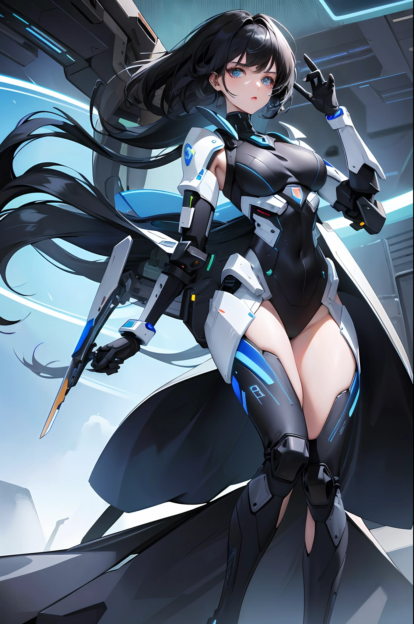 a masterpiece、, Bestquality,a woman,Exquisite image quality,sci-fi wind cyberfuture,Black nano armor,There is a blue inverted triangle of nuclear reactor on the chest,long flowing black hair,Crimson pupils,Charming face,Female attack,1 female,Less royalty,Hold the knife with your backhand,Mature in appearance,South Korean girl group,Pear-shaped body,Sense of technology,Mech warrior,special forces