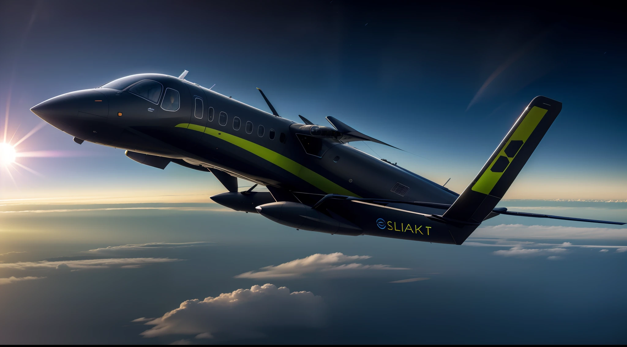 solarpunk passenger transport aircraft, vibrant, photorealistic, realistic, dramatic, dark, sharp focus, 8k