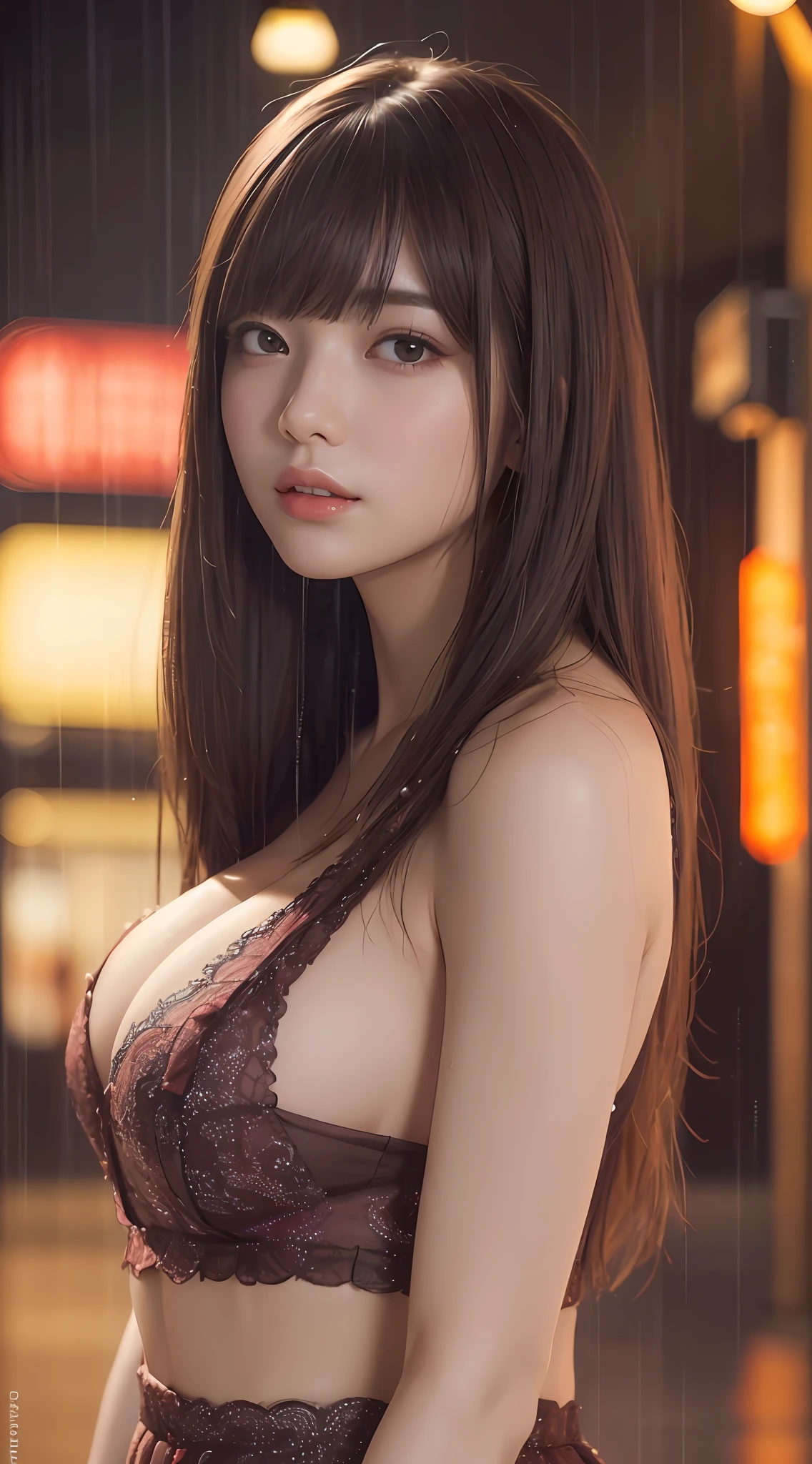 full entire body、feet,、beautiful feet、((maximum quality、8k、Masterpieces:1.3))、Cute club girl with perfect body shape:1.4、slender abs:1.3、((Dark brown hair、huge tits:1.2))、Lace Long Dresses、Standing in the rain、entertainment district beauty woman、Highly detailed facial and skin texture、detailed eye、double eyelid、beautiful feet、full entire body、walk、toe、Beautiful skirt