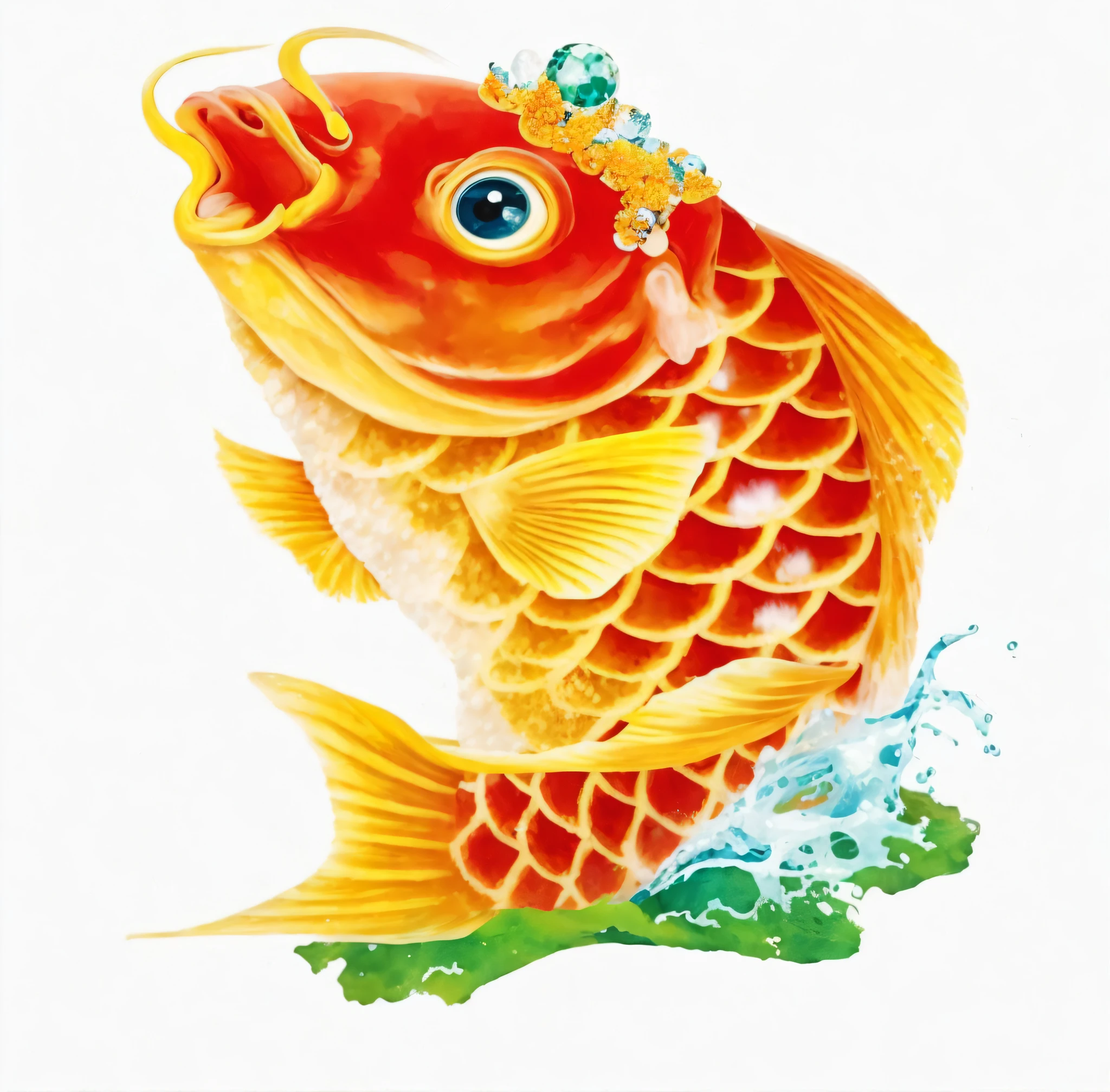 there is a fish with a crown on its head and a wave, koi fish, koi, author:Julian, author:Tan Jianai'yū, koi fish, shui mo hua, diego koi, goldfish、、, floating koi fish, author:Yang Borun, author:Yan Hui, ( ( ( koi colors ) ) ), koi colors, author:Kan Lee, colorful fish