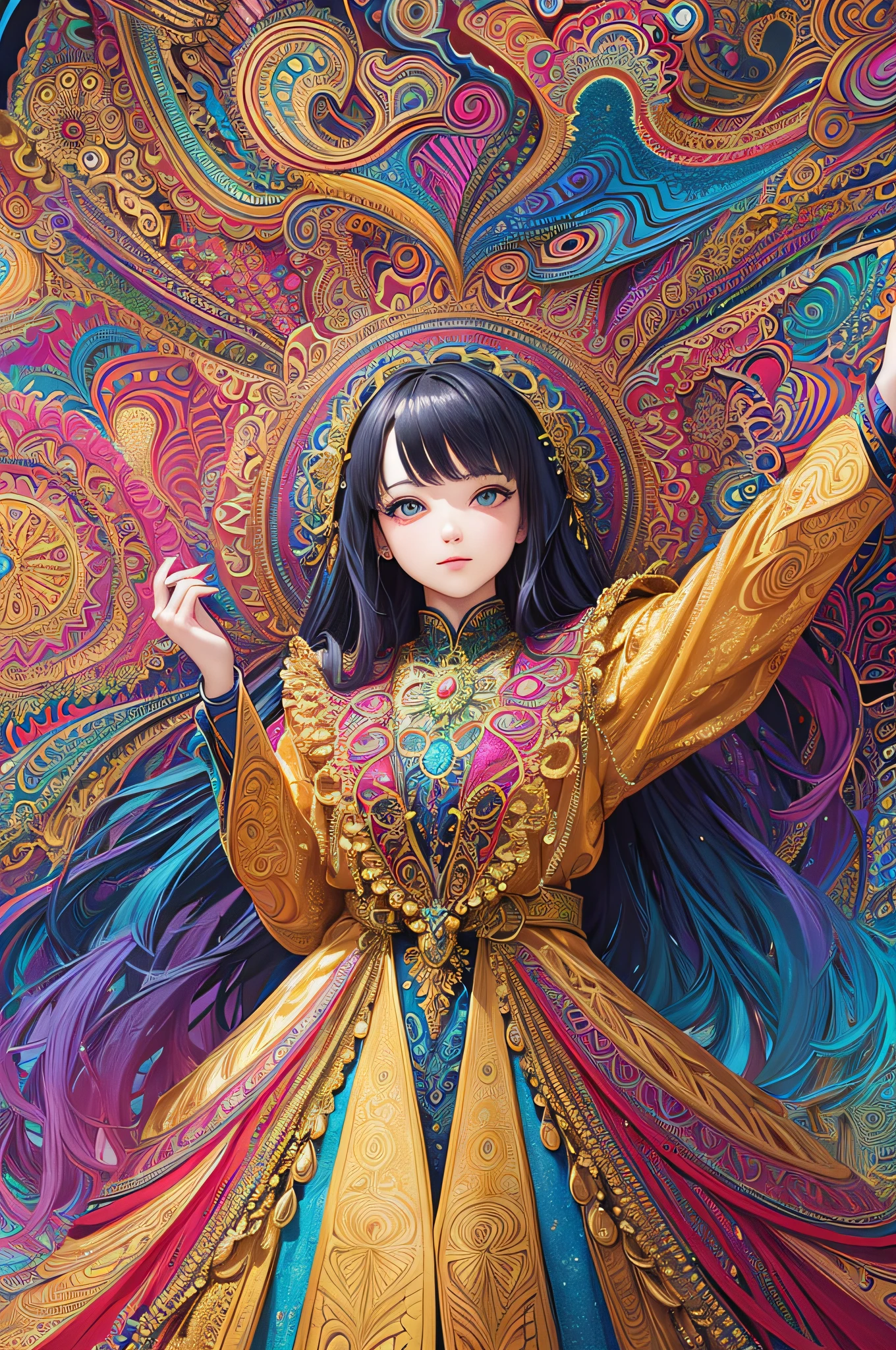 (masterpiece, top quality, best quality, official art, beautiful and aesthetic:1.2), (1girl:1.3), extremely detailed,(fractal art:1.2),colorful,highest detailed,(zentangle:1.2), (dynamic pose), (abstract background:1.5), (treditional dress:1.2), (shiny skin), (many colors:1.4), upper body