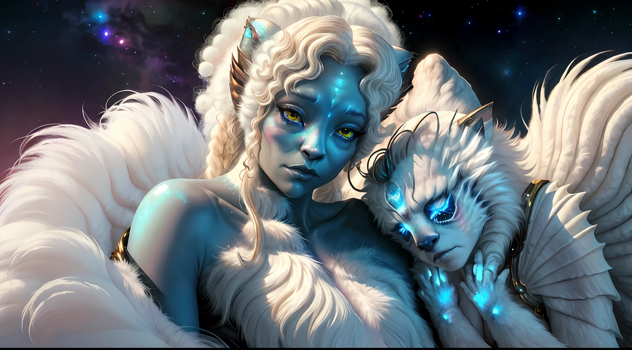 breathtaking masterpiece, best quality, highest quality, highly detailed, exquisite, award winning 8K digital painting of an ethereal and (incredibly beautiful female alien:1.4) with luminescent body parts that shimmer like stardust (lying gracefully on a steep cliff:1.2), casting a watchful gaze over (the galaxy:1.33), (a fluffy creature rests on her shoulder:1.8), intricate details, golden ratio, BaroqueAI, v0id3nergy, by Louis Royo