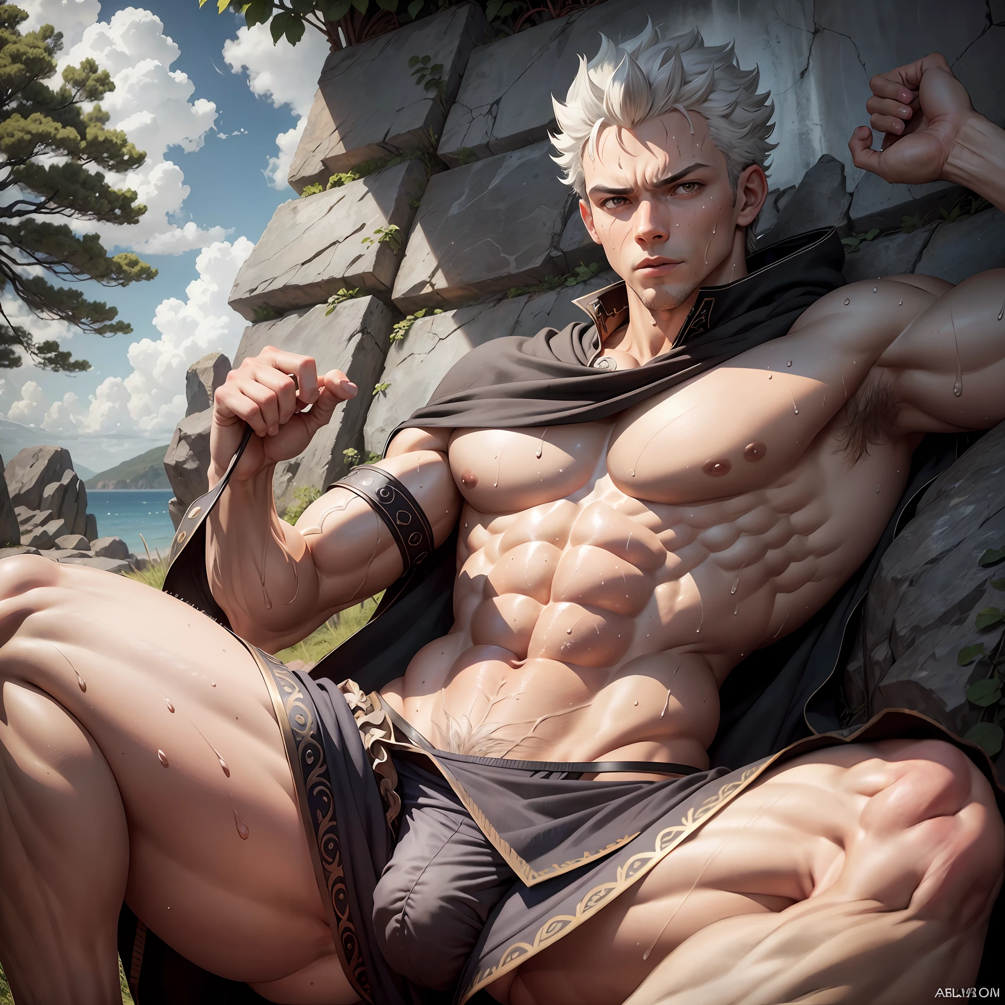 asta, blackclover.,POV,top angle,butt lift, male, solo, veiny muscles,(sweat:1.3),outdoors, extreme bulge,massive bulge,hyper bulge, bodily fluids,precum,pain expression,hd, dark shadows, wide dynamic range, hdr, low light:1.2, no clothes, naked, big balls, open legs, (raised legs:1.4), showing round butt, correct anatomy, explicit content, armpit,Uncensored, bara, pubic hair, (highly detailed:1.3), photorealistic, hyper realistic, ultra detailed,pleasure, masterpiece, detailed, scene, portrait, dripping, massive balls --auto --s2