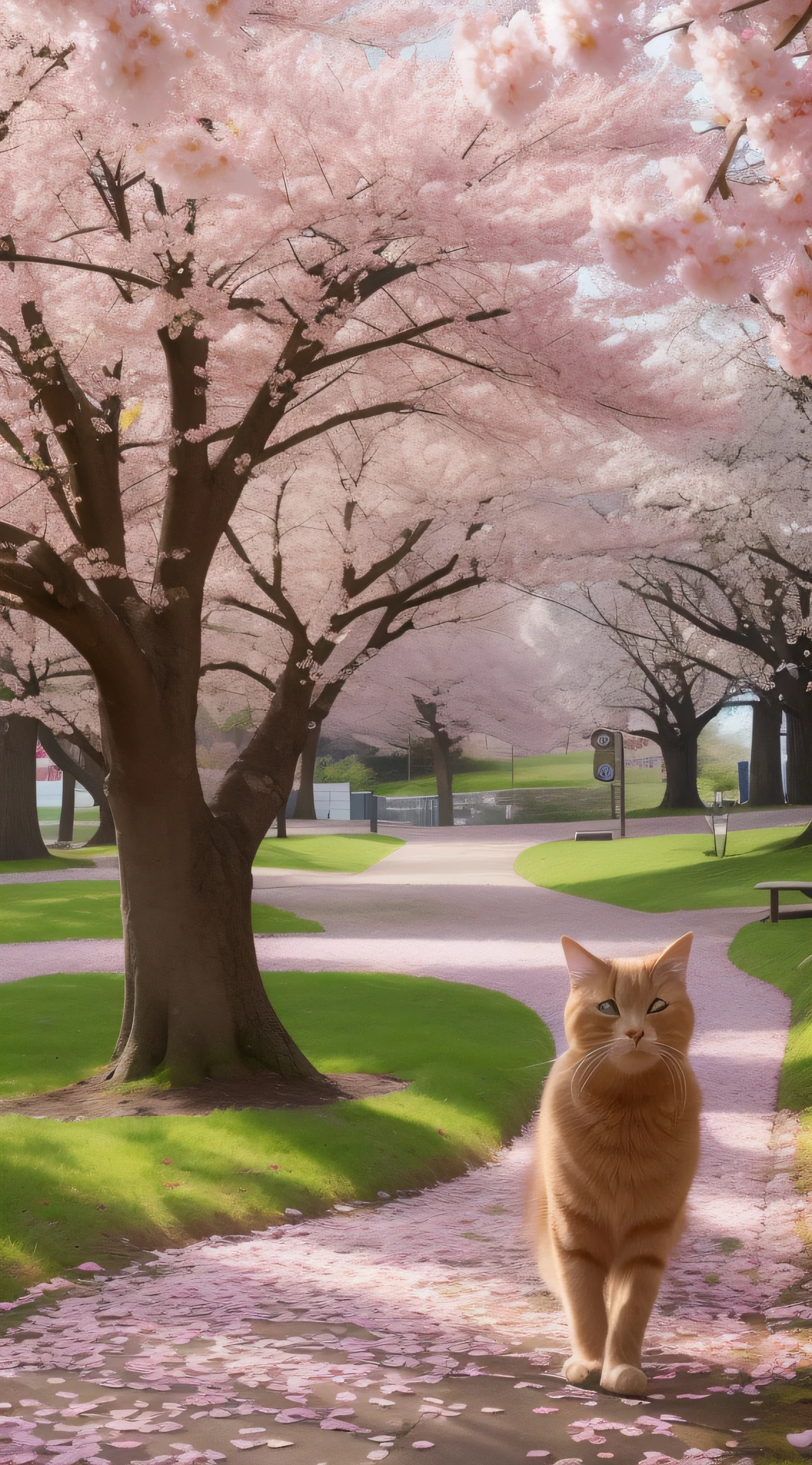 "In the center of a wide park, under a gigantic cherry blossom tree, a golden long-haired cat is playing. It shines brightly enough to be noticeable from afar. The entire park is covered with cherry blossom petals, with elegantly falling petals coloring the park in pink. In the distant background, the spring blue sky spreads out, creating an emotional scenery together with the trees and petals. As a whole, it captures the beautiful landscape of a calm spring day.