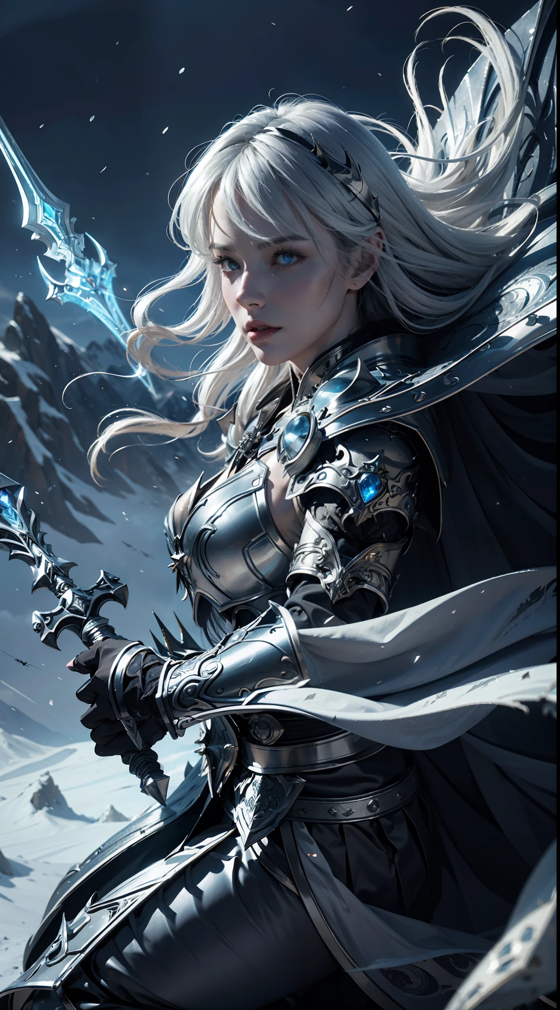 8k,ultra detailed, masterpiece, best quality, (extremely detailed), dynamic angle, Mysterious expression, wind effect, fantasy background, rim lighting, cinematic light, ultra high res, 8k uhd, film grain,best shadow, delicate, RAW, light particles, detailed skin texture, detailed armor texture, detailed face, intricate details, ultra detailed, bright, strong, silver armor, (holding weapon), slashing, slash action, pauldrons, glowing eyes, long cape, fantasy, (realistic), shoulder armor, complex, intricate, perfect lighting, looking at viewer, cinematic lighting, flying in sky,flying, holy light, vivid, bangs, windy, frozen mountains, long white wavy hair, lich queen