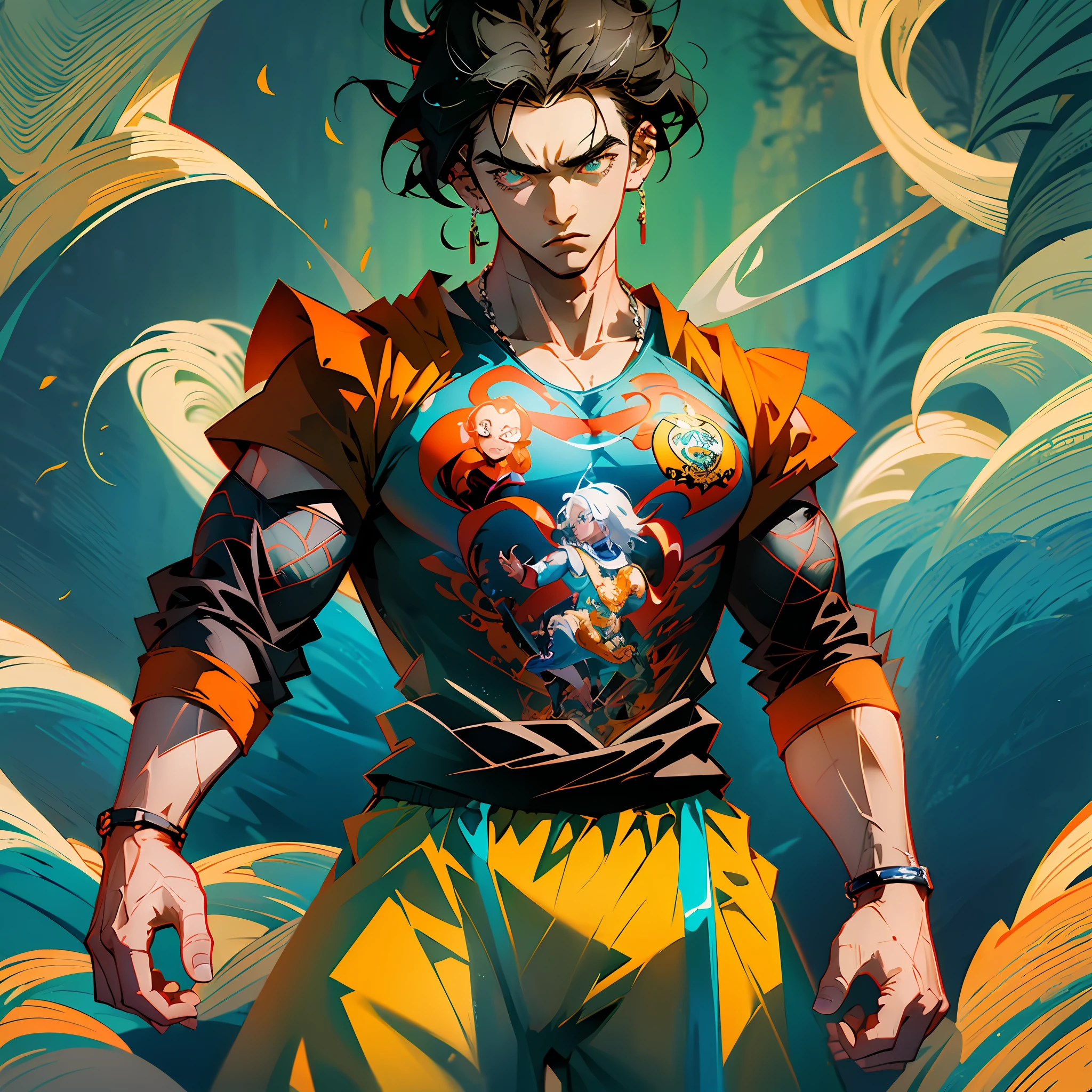 Homem, forte, musculoso, bodybuilder, estilo de arte ((anime)), estilo dragon ball, hd, obra prima, Home wearing orange jumpsuit, faixa azul na cintura, cabelo amarelo espetado, anime, estilo anime, estilo dragon ball --auto --s2