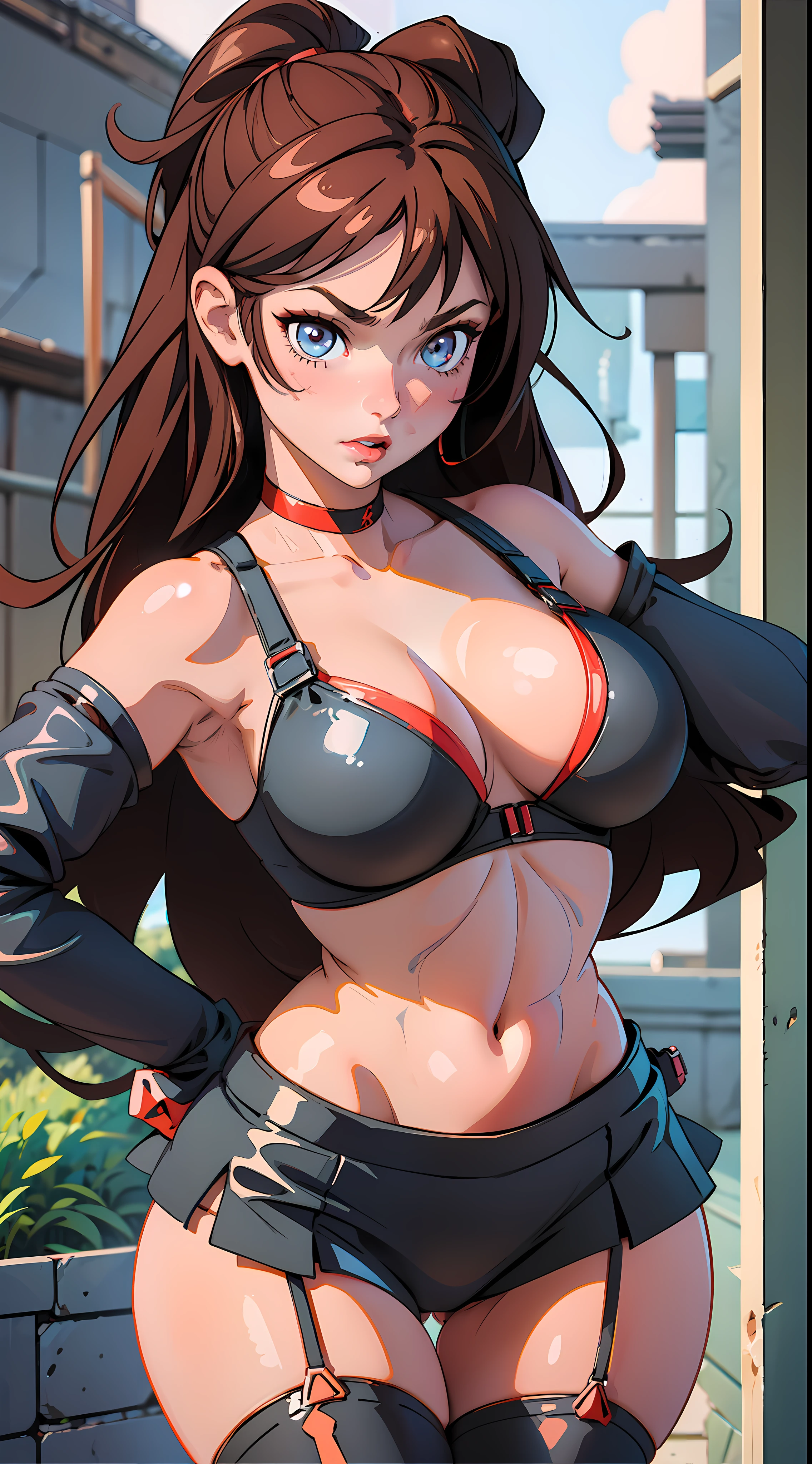 1 girl, action pose, lewd face, sexy, cleavage, brown hair, brunette, blue eyes, collar, black bikini, black skirt, black panties, black bra, thigh highs, short sleeves, armpits, large breasts, wide hips, thick thighs, muscles, abs, no teeth, beautiful face, realistic, ray traced, beautiful eyes, red lipstick