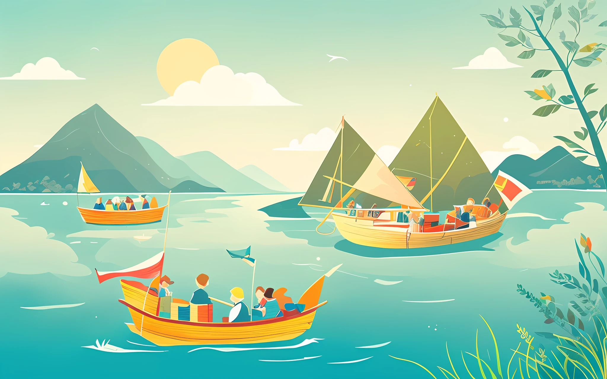 there are many people in a boat on the water, whole page illustration, portfolio illustration, detailed digital illustration, poster illustration, flat illustration, full color illustration, colorful illustration, full page illustration, game illustration, digital illustration, illutstration, an illustration, editorial illustration colorful, commercial illustration, colored illustration, a beautiful artwork illustration, 2. 5 d illustration